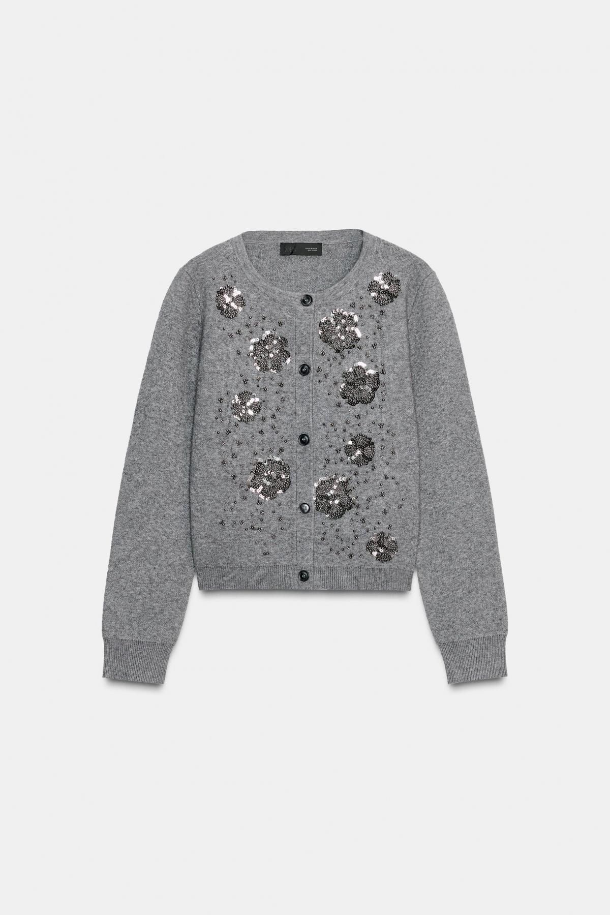 자라 플라워 비즈 라운드넥 니트 가디건 4192/160 GREY MARL - 상품 이미지