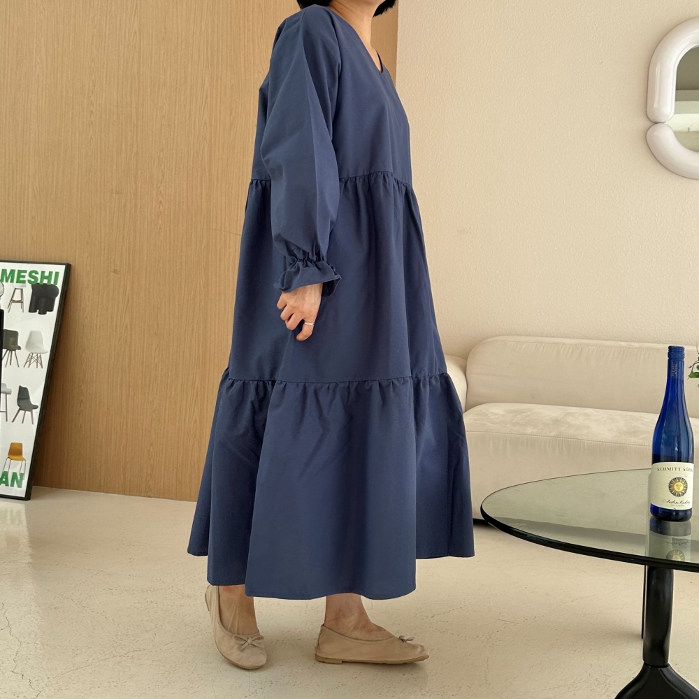 빅사이즈 자체제작 A라인 2단 캉캉 V넥 롱 원피스 긴팔 셔링소매 프릴 하객 정장 오피스