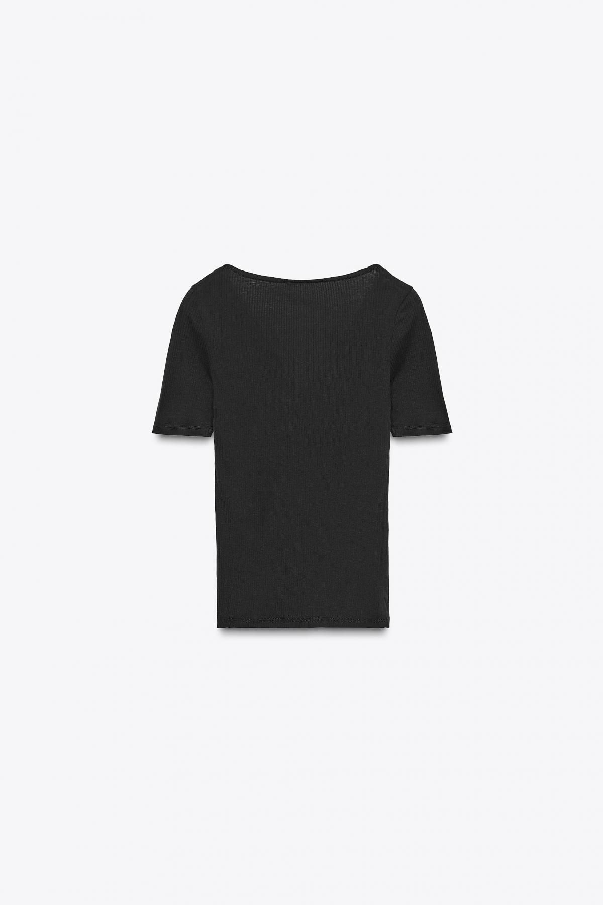 자라 슬림핏 레이스 리브드 브이넥 티셔츠 5644/451 BLACK - 상세 이미지 2