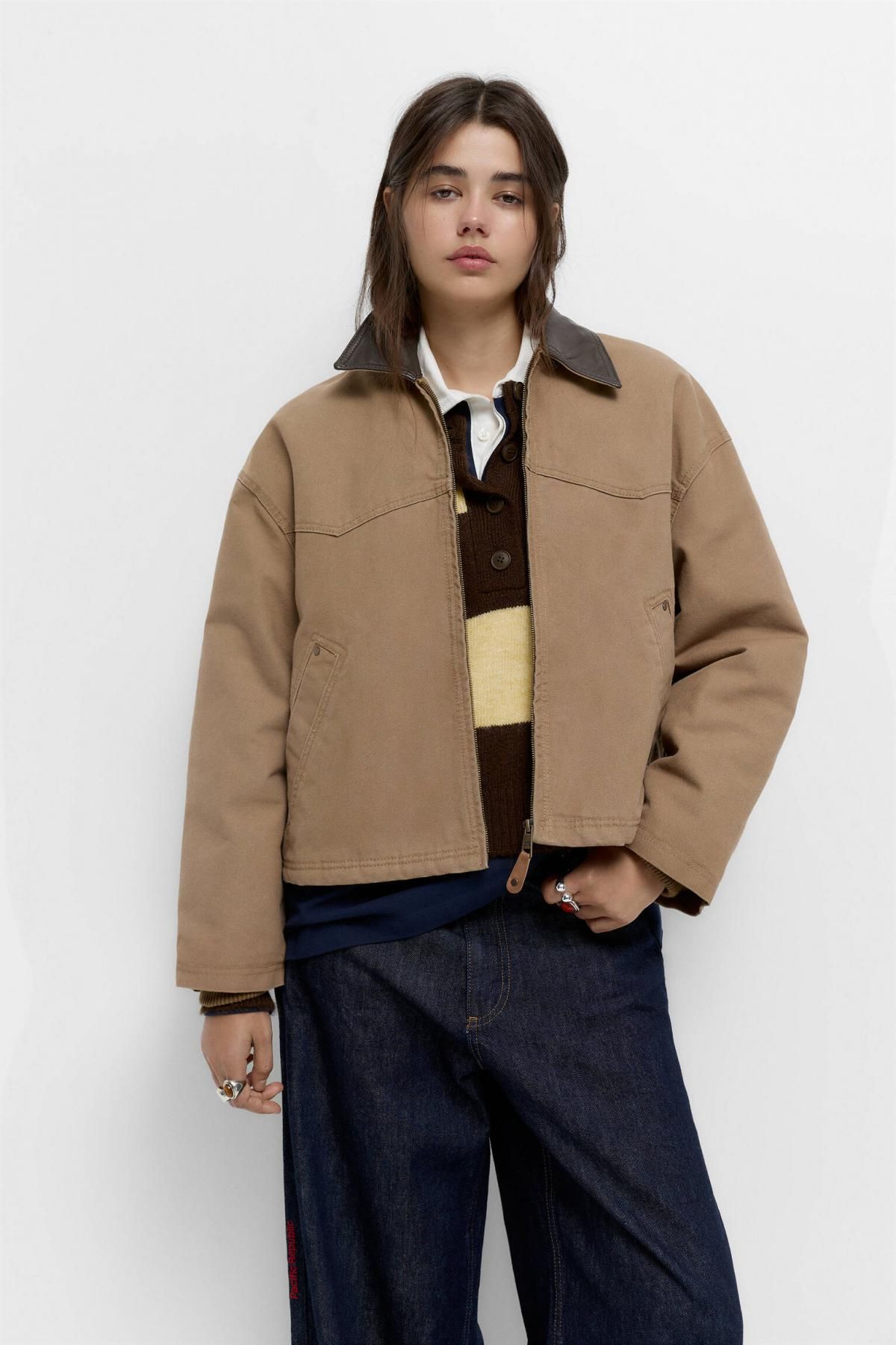 풀앤베어 레더믹스 카라 테크니컬 집업 재킷 7700/331 OCHRE - 상세 이미지 3
