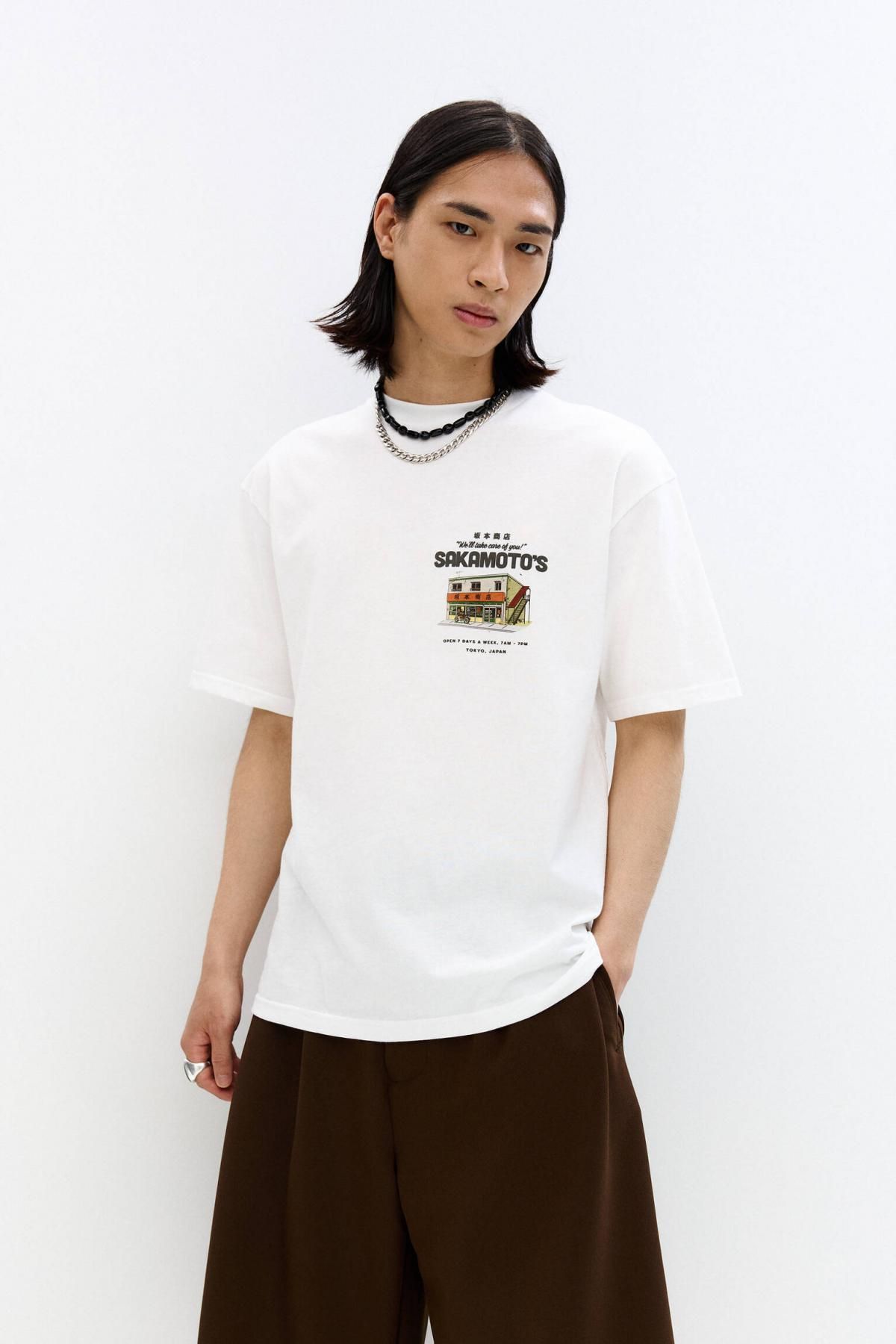 풀앤베어 화이트 사카모토 그래픽 코튼 반팔 티셔츠 7151/592 OFF WHITE - 상세 이미지 3