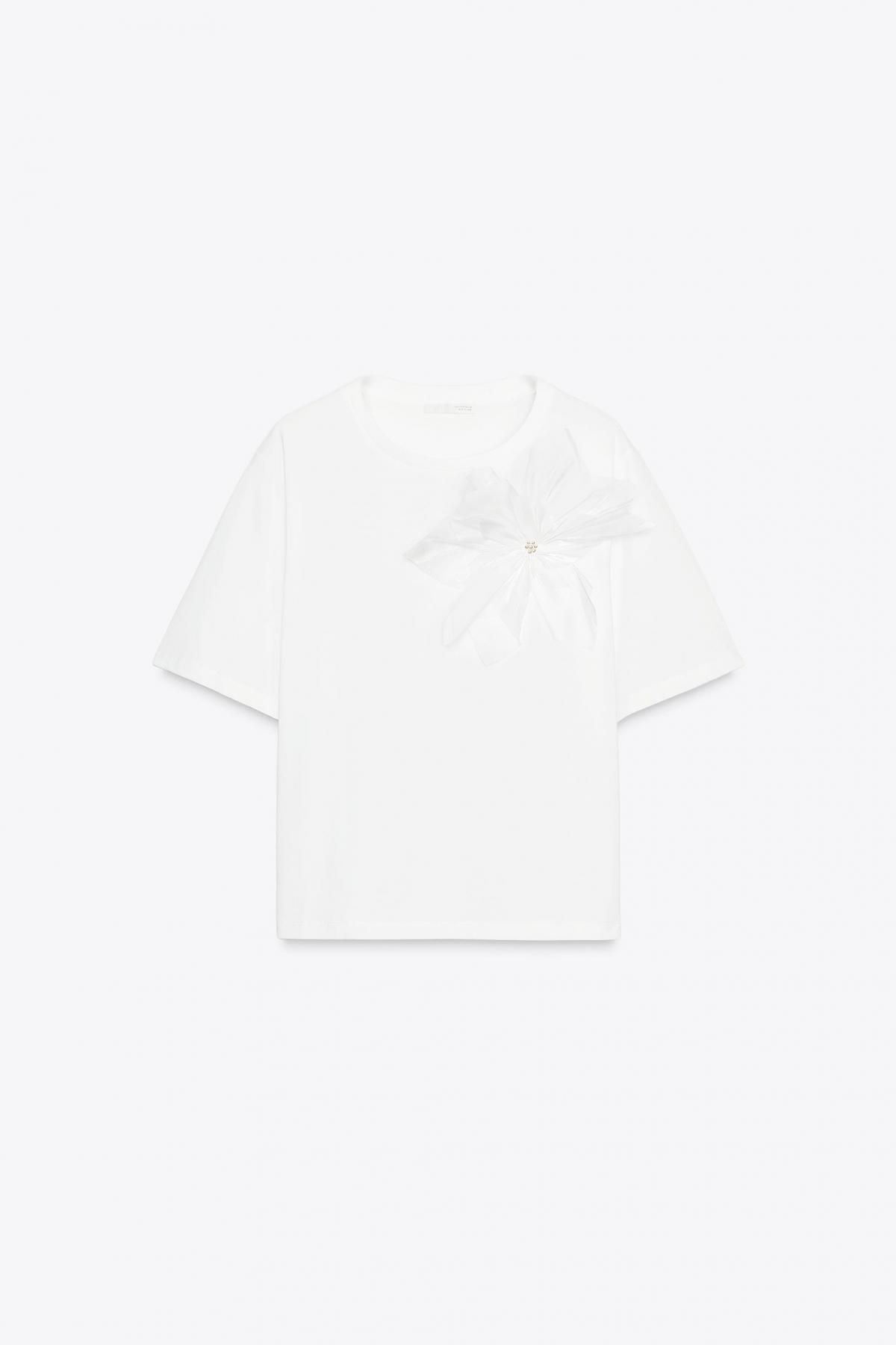 자라 플라워 볼륨 라운드넥 반팔 티셔츠 1058/620 WHITE - 메인 이미지