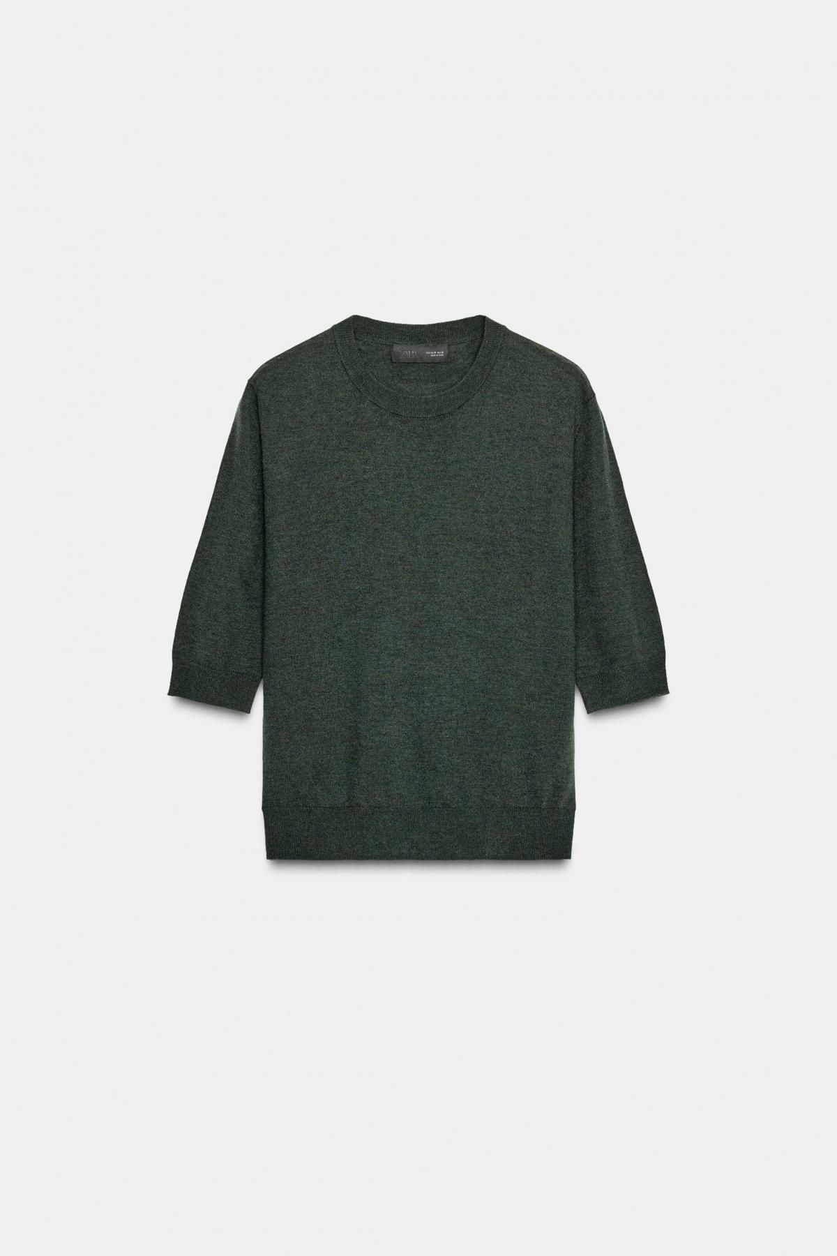 자라 프리미엄 울 라운드넥 반팔 니트 스웨터 9598/255 BOTTLE GREEN - 상품 이미지