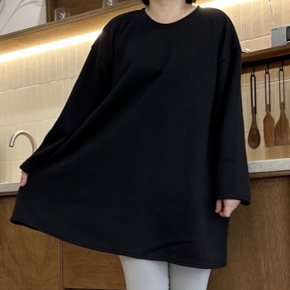 빅사이즈 자체제작 A라인 긴팔 박시 루즈핏 롱 티셔츠 블랙 면 니트 스트라이프 미니 원피스 제품 이미지