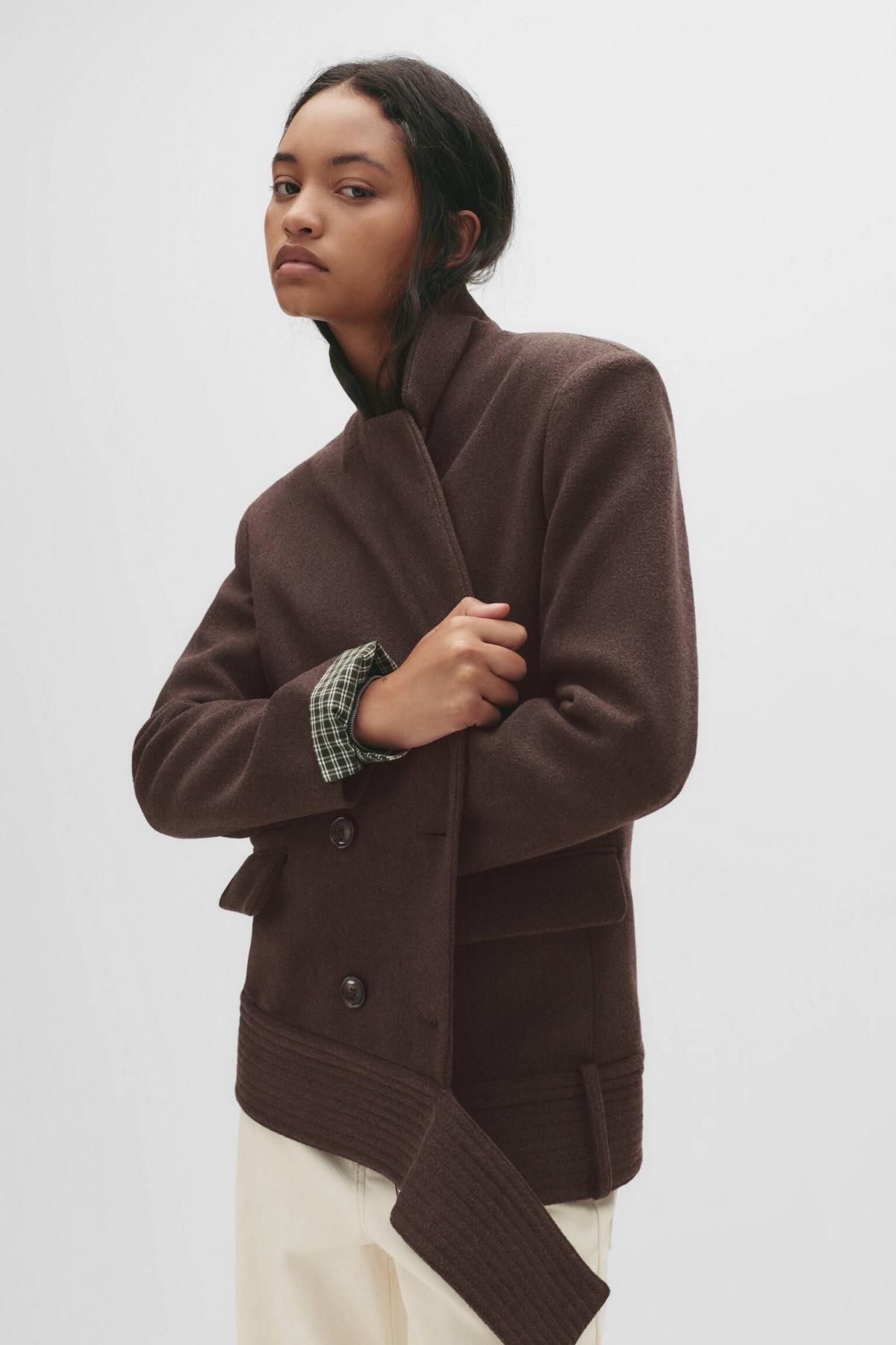 풀앤베어 더블브레스트 브라운 벨트 펠트 숏코트 7800/355 BROWN MARL 이미지 6