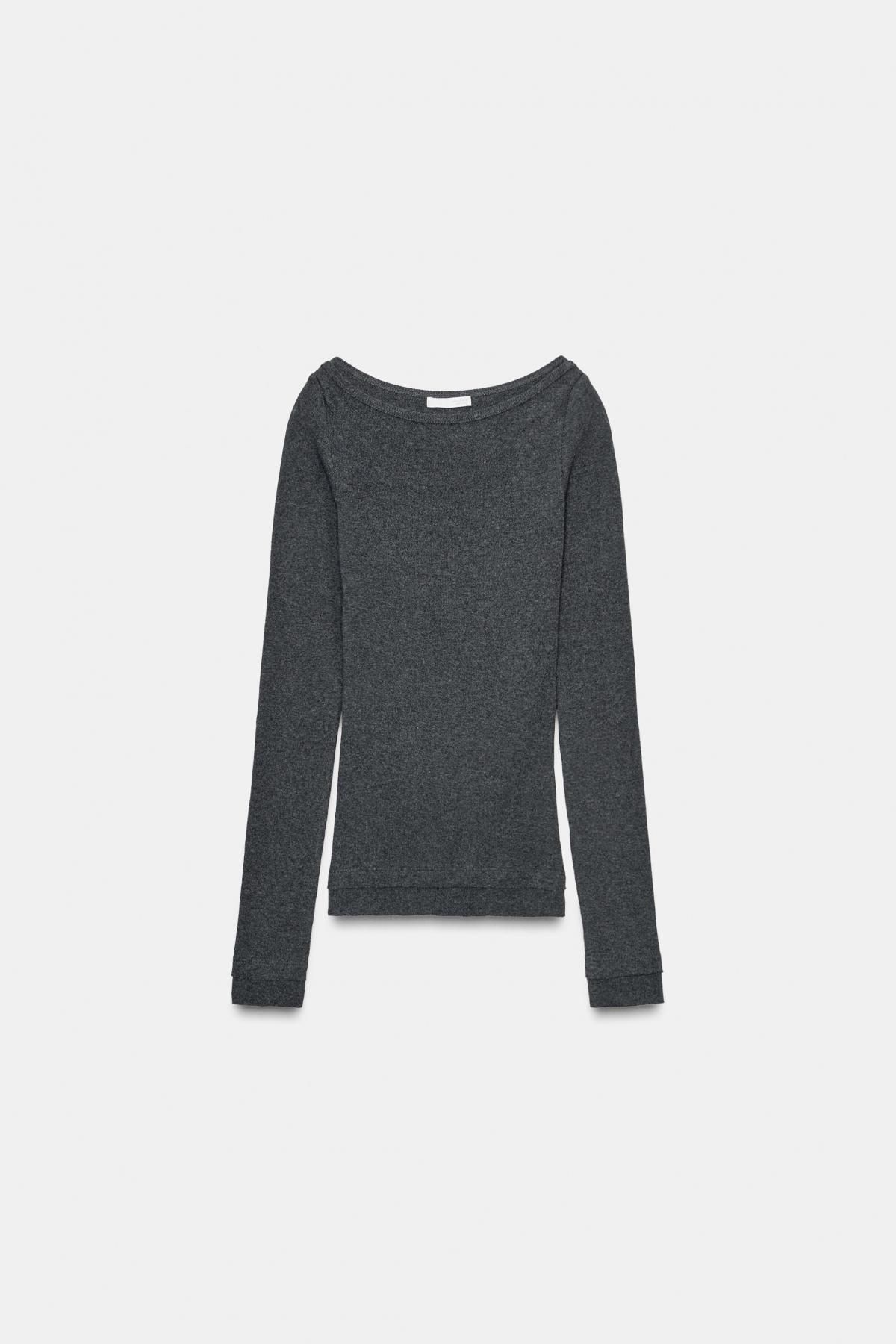 자라 슬림핏 테크니컬 립 보트넥 긴팔 티셔츠 4786/455 DARK GREY MARL - 메인 이미지
