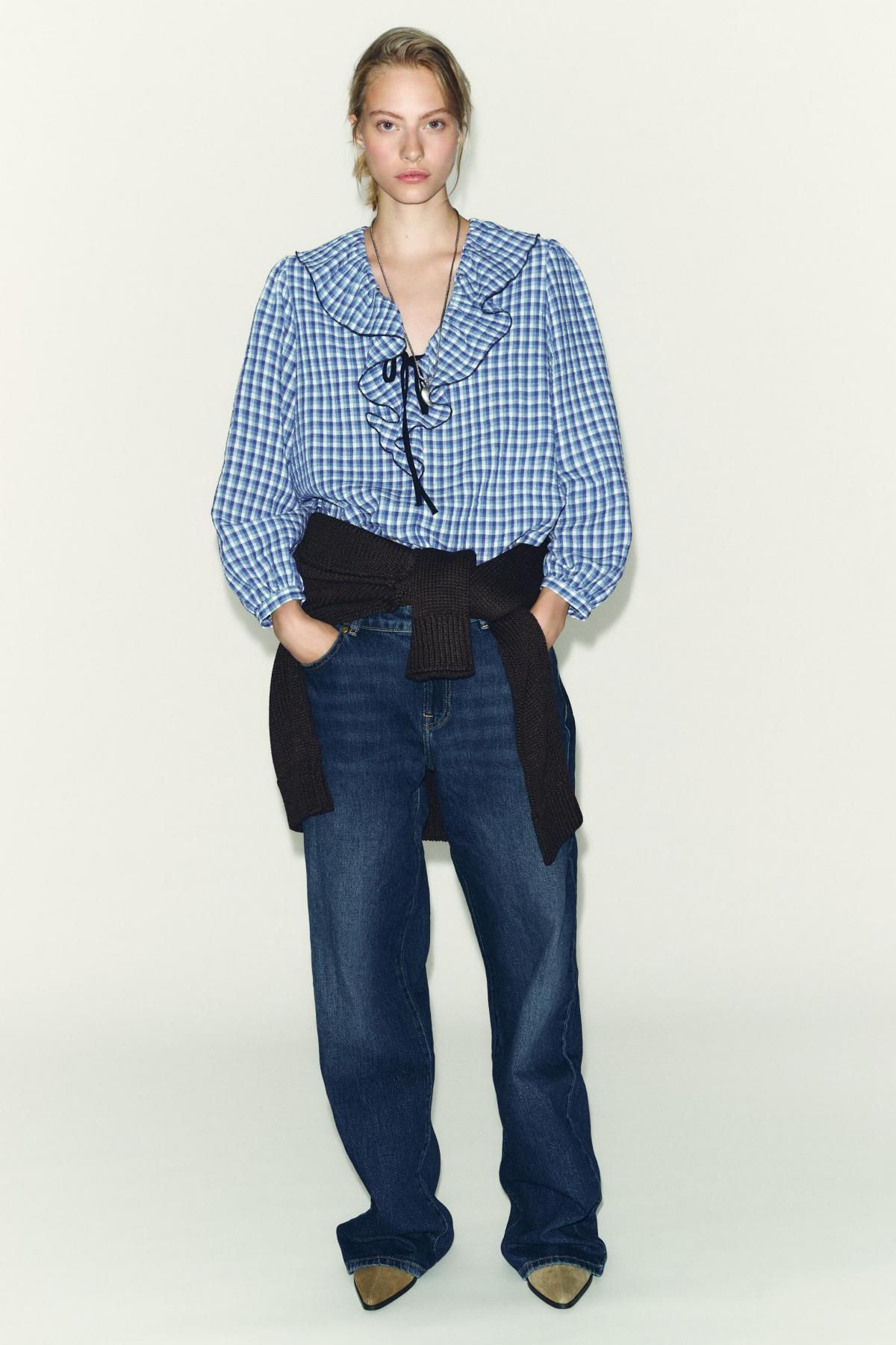 자라 체크 러플 브이넥 리본 블라우스 9226/867 BLUE/WHITE - 상세 이미지 2