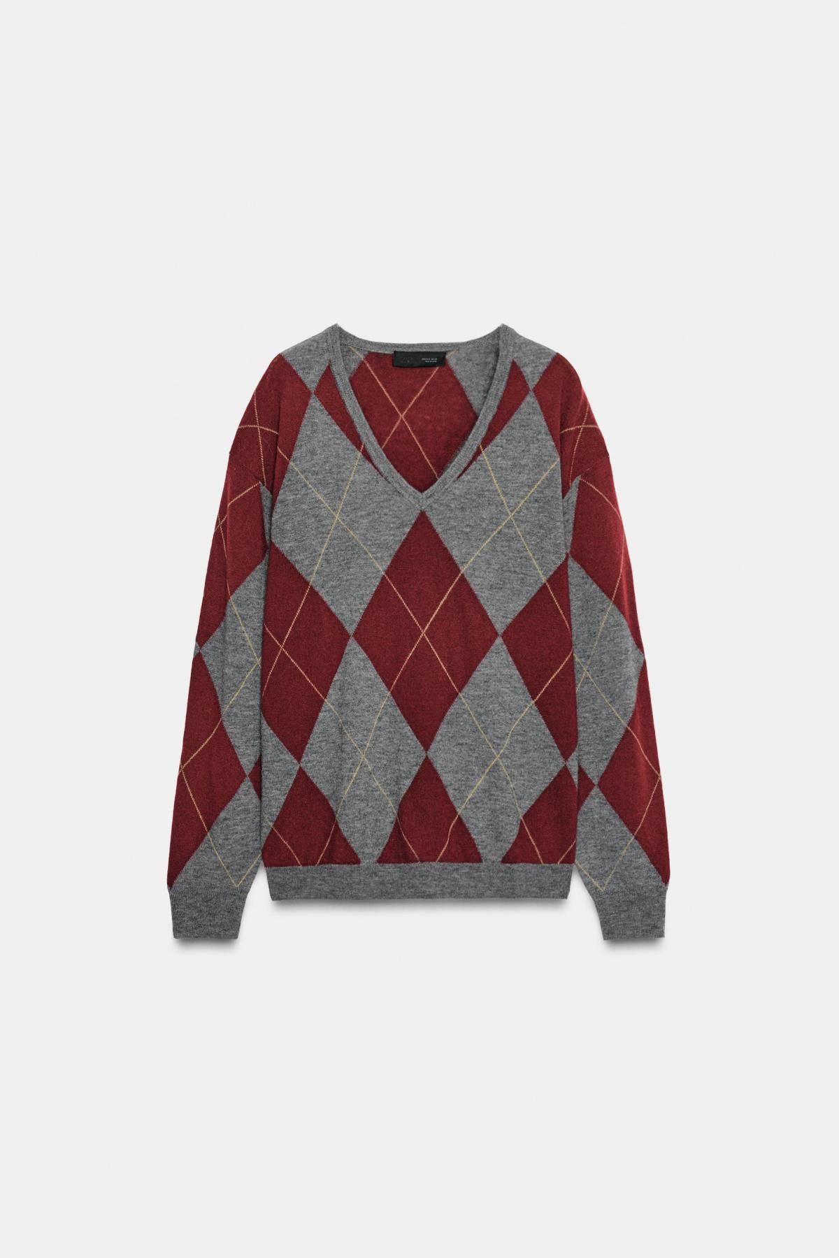 자라 아가일 브이넥 울 니트 스웨터 9598/174 MAROON GREY - 상품 이미지
