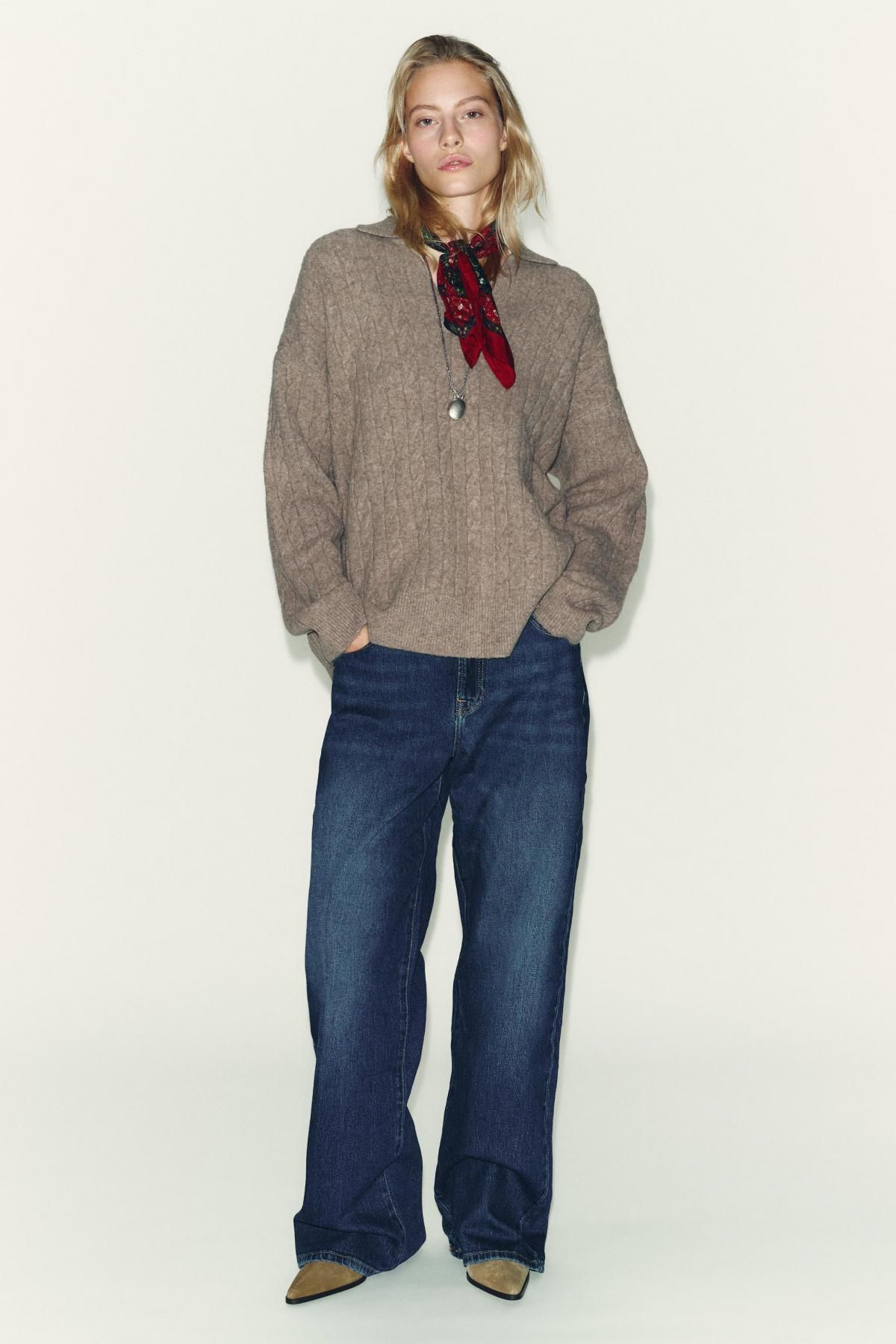 자라 케이블 니트 브이넥 폴로 스웨터 1509/108 MINK MARL - 상세 이미지 2