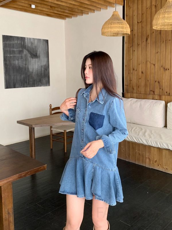 여성 데님 카라넥 셔츠 언발 미니 원피스 A라인 긴팔 롤업 배색 포켓 캐주얼 봄 가을 - 상세 이미지 5