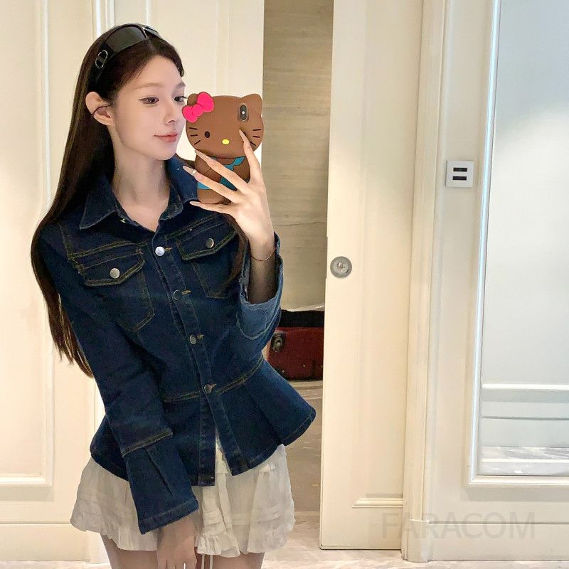여성 워싱 데님 청자켓 카라넥 슬림핏 허리 플레어 라인 버튼업 봄 가을 캐주얼 아우터 - 상세 이미지 5