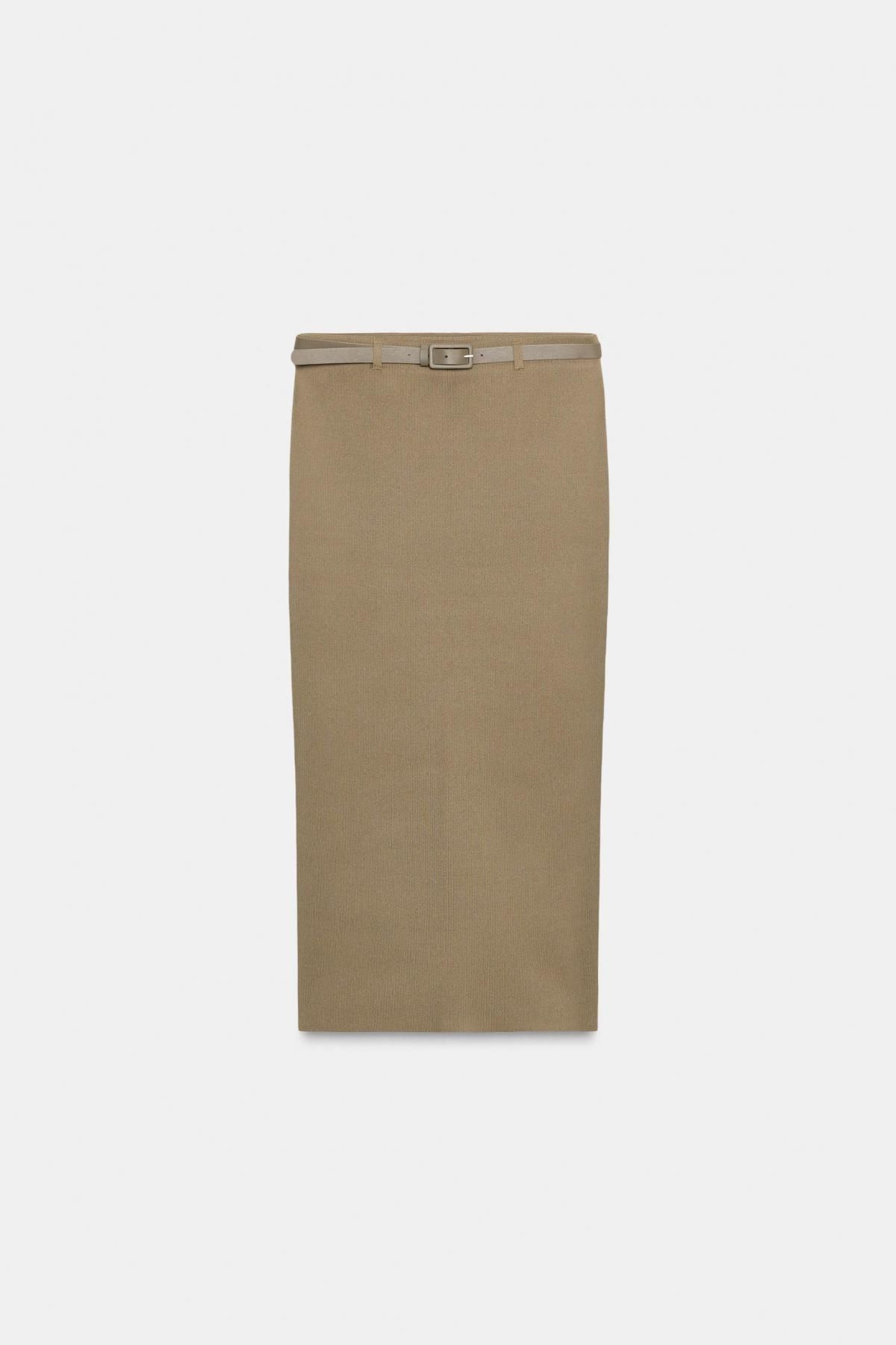 자라 하이웨이스트 벨트 니트 미디 스커트 4192/147 LIGHT KHAKI - 메인 이미지
