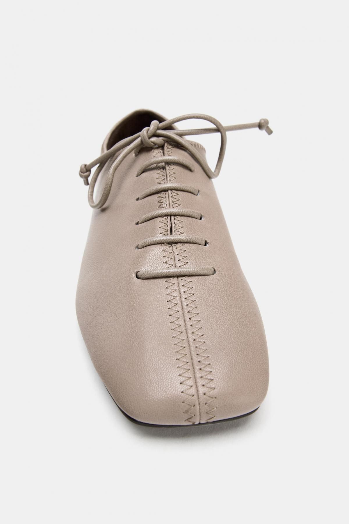 자라 레더 스퀘어토 레이스업 플랫슈즈 1528/610 TAUPE GREY - 상세 이미지 5