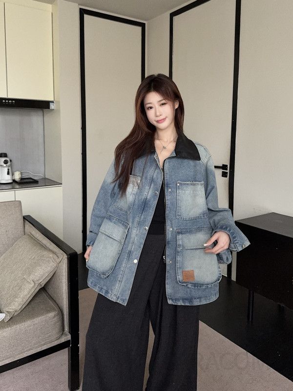여성 오버핏 루즈핏 데님 청자켓 가을 겨울 스타일리시한 아우터 편안한 착용감 레트로 스플라이싱 라펠 디자인 캐주얼한 데일리룩 - 상세 이미지 5