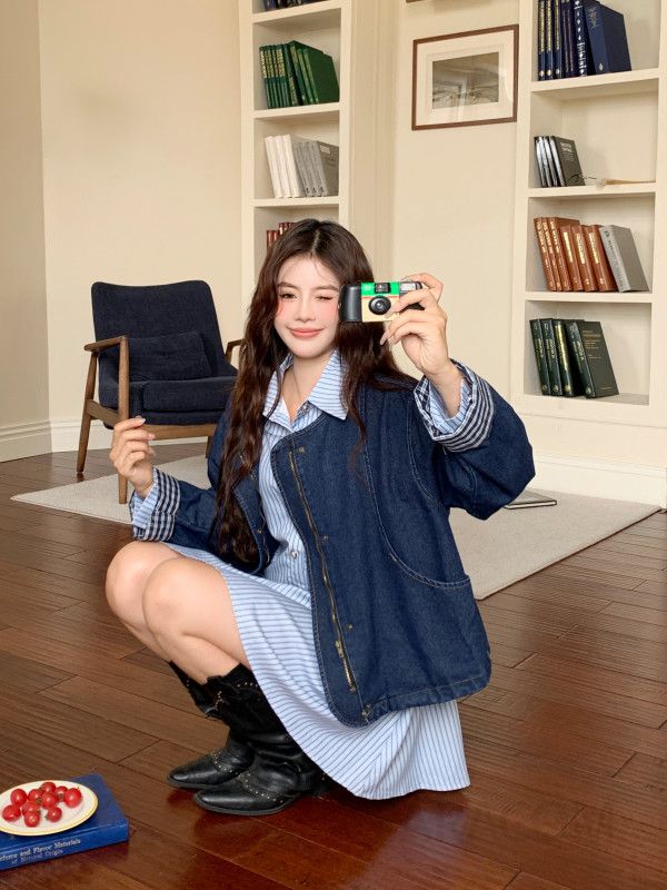 여성 데님 청자켓 가을 복고풍 라운드넥 긴팔 재킷 스타일리시한 외출용 캐주얼 아우터 루즈핏 디자인 편안한 착용감 트렌디한 패션 아이템 - 상세 이미지 4