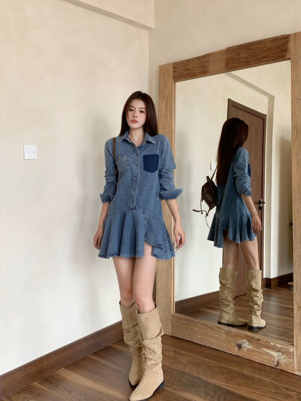 여성 데님 카라넥 셔츠 언발 미니 원피스 A라인 긴팔 롤업 배색 포켓 캐주얼 봄 가을 - 상세 이미지 2