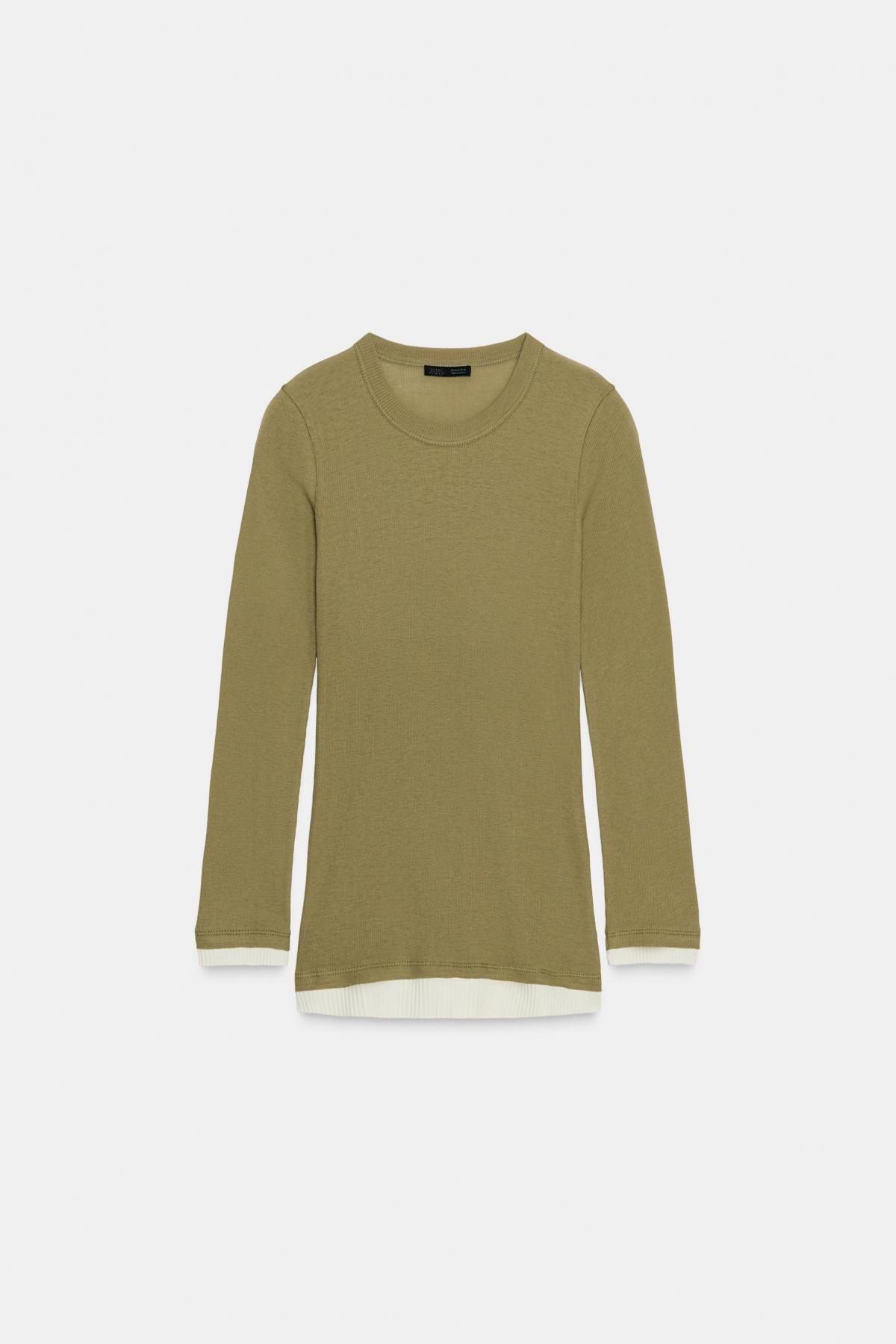 자라 슬림핏 더블 수피마 코튼 라운드넥 긴팔 티셔츠 0264/603 KHAKI - 메인 이미지