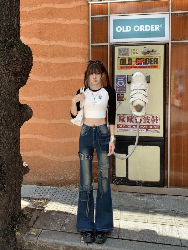여성 워싱 하이웨스트 부츠컷 와이드 데님 팬츠 스판 슬림핏 벨라인 청바지 캐주얼 데일리룩 빈티지 사계절 - 상세 이미지 5