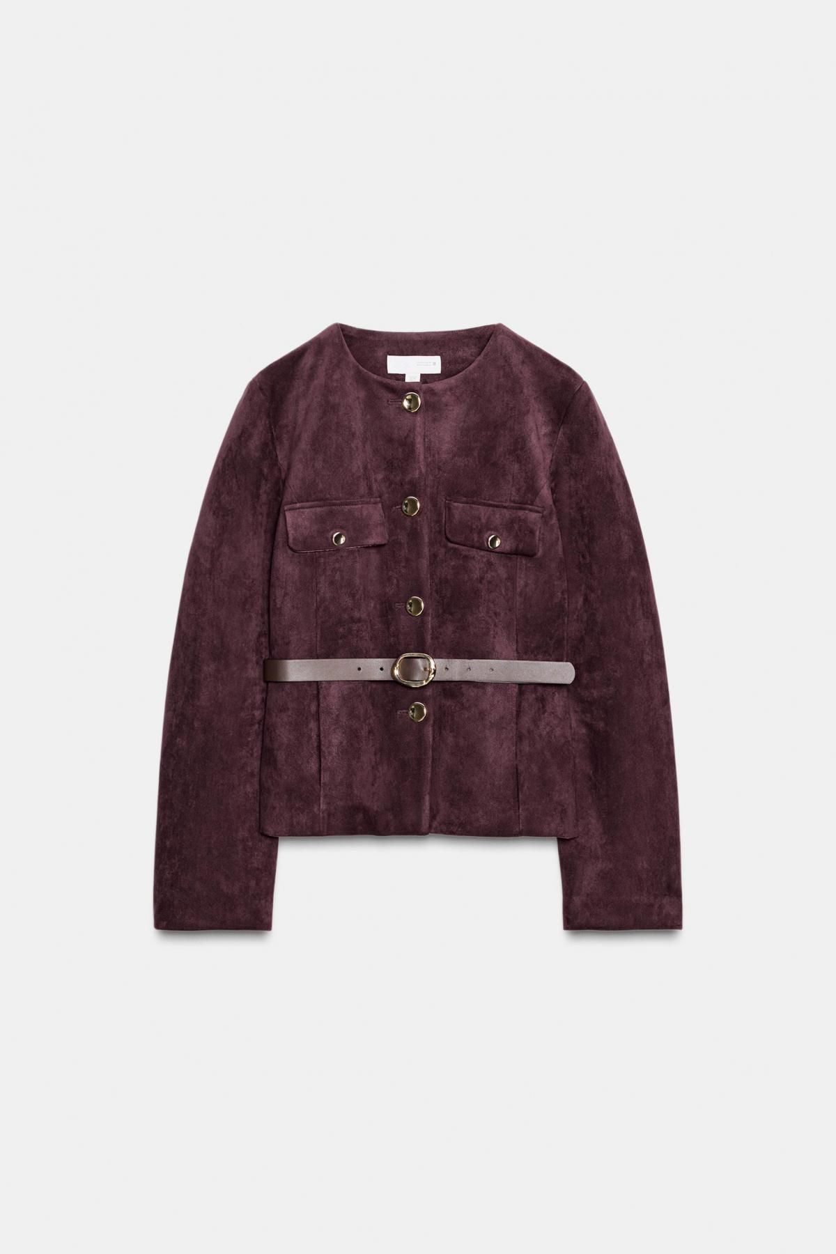 자라 페이크 스웨이드 벨트 라운드넥 블레이저 8741/260 BURGUNDY - 상품 이미지