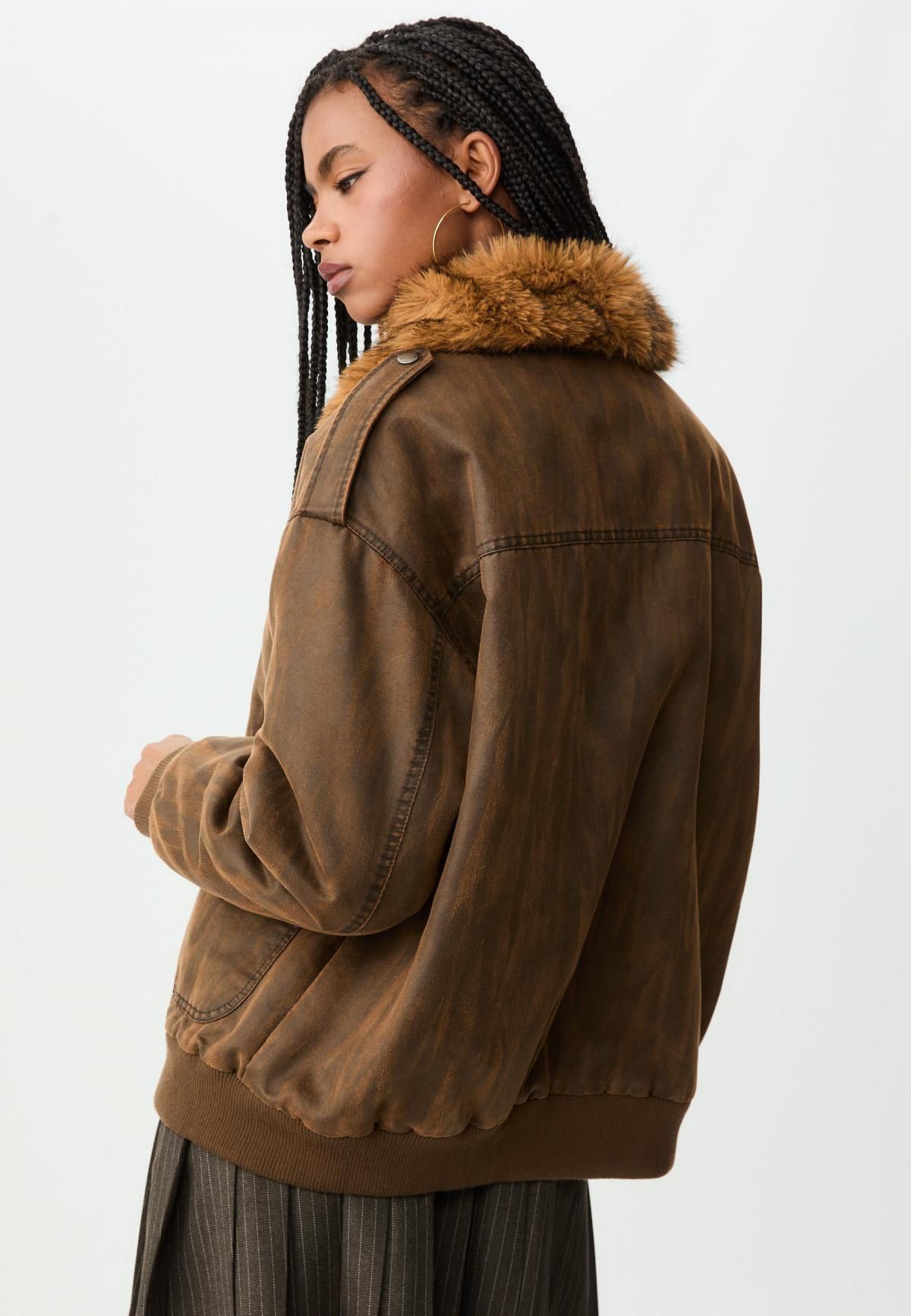 스트라디바리우스 테크니컬 페이크퍼 카라 브라운 롱 재킷 8483/721 BROWN - 상세 이미지 4