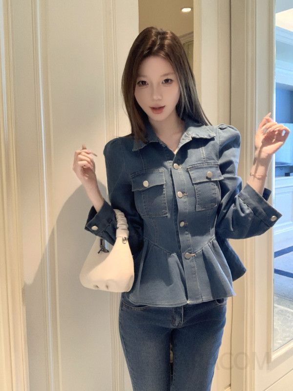 여성 허리라인 슬림핏 워싱 데님 자켓 개더 퍼프소매 긴팔 청자켓 봄 가을 데일리 아우터 - 상세 이미지 4