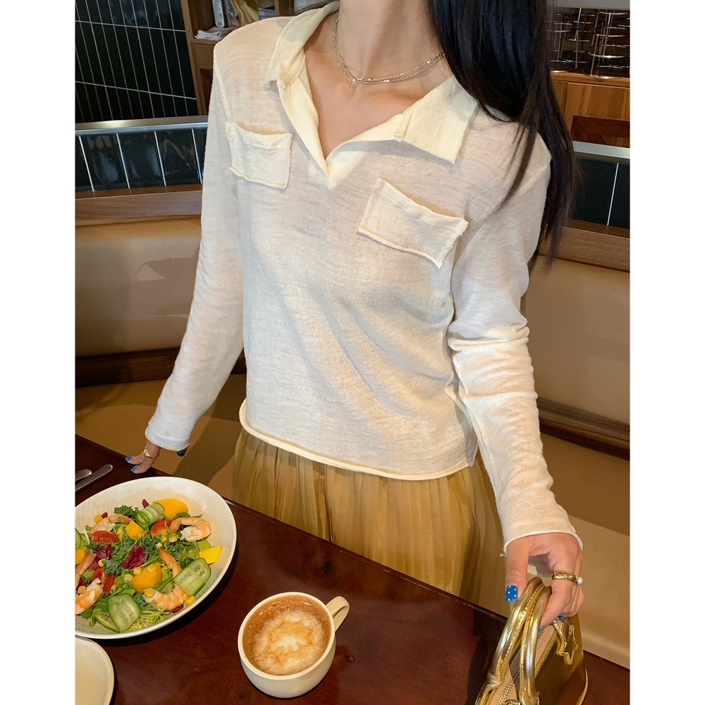 울혼방 브이넥카라 긴팔티 예쁜핏 봄가을 느좋 감성 클래식 디자인 크림화이트 - 상세 이미지 4
