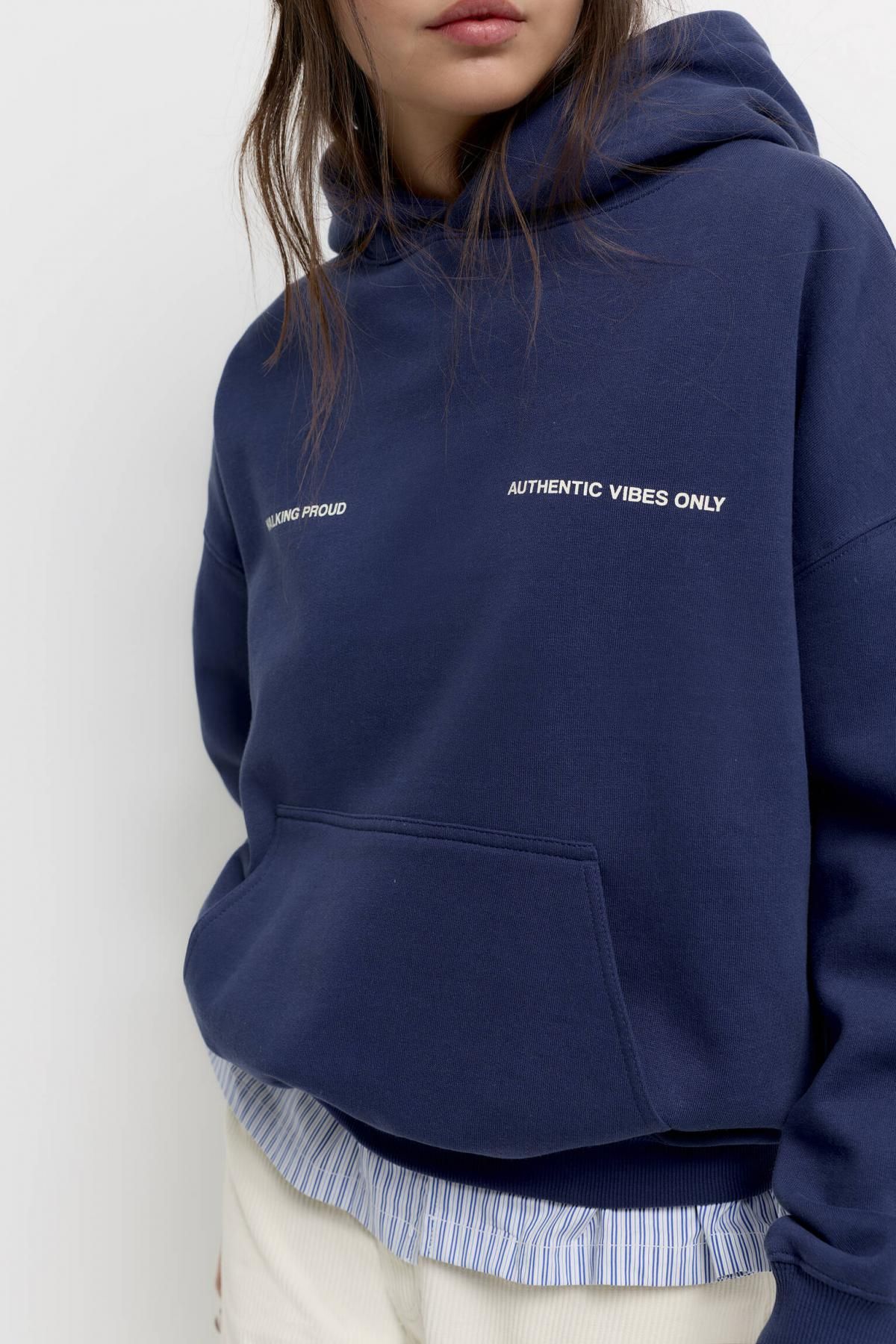 풀앤베어 오버핏 다크블루 코튼블렌드 슬로건 후드티 7560/338 NAVY - 상세 이미지 4