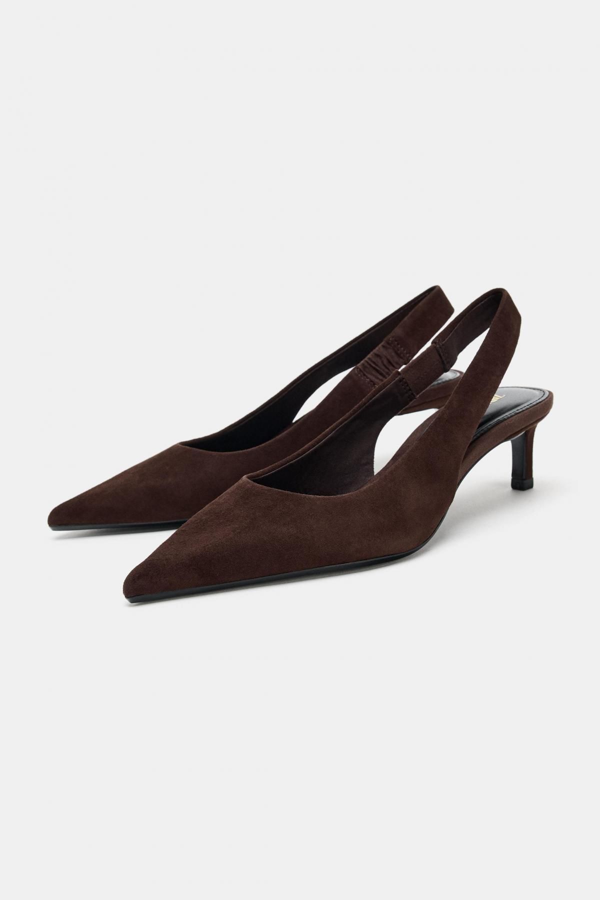 자라 스웨이드 슬림 키튼힐 슬링백 펌프스 1261/610 CHOCOLATE BROWN - 상세 이미지 2