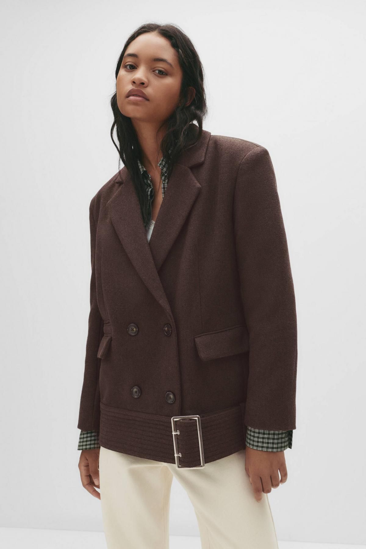 풀앤베어 더블브레스트 브라운 벨트 펠트 숏코트 7800/355 BROWN MARL - 상세 이미지 2