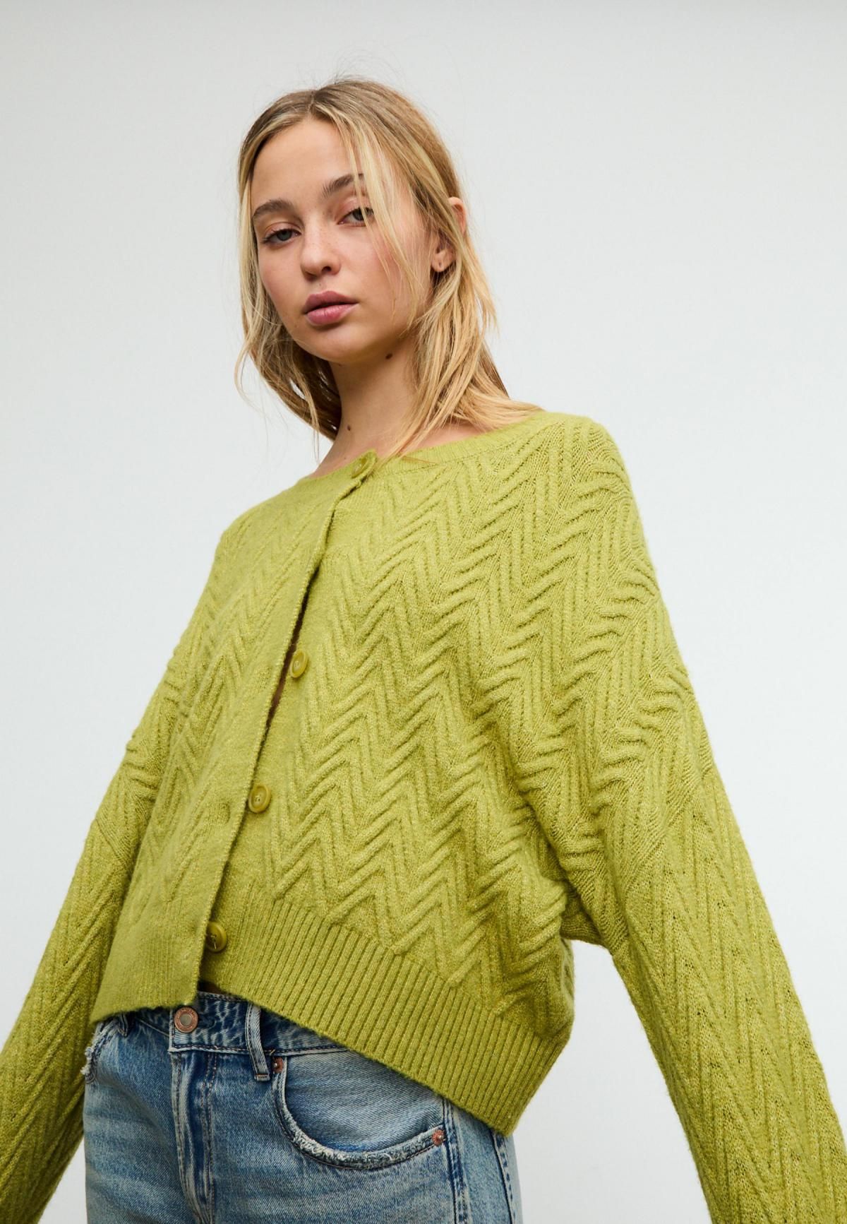 스트라디바리우스 케이블 니트 라운드넥 가디건 5098/412 OLIVE GREEN - 상세 이미지 4