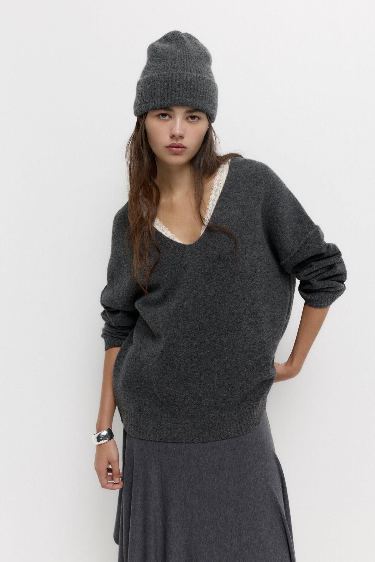 풀앤베어 소프트 울블렌드 브이넥 니트 스웨터 7550/308 ANTHRACITE GREY - 상세 이미지 3