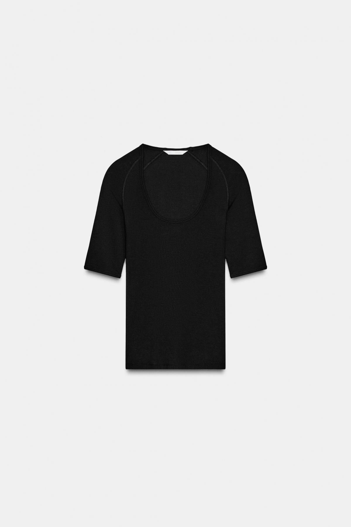 자라 슬림핏 라운드넥 골지 래글런 반팔 티셔츠 6912/629 BLACK - 메인 이미지