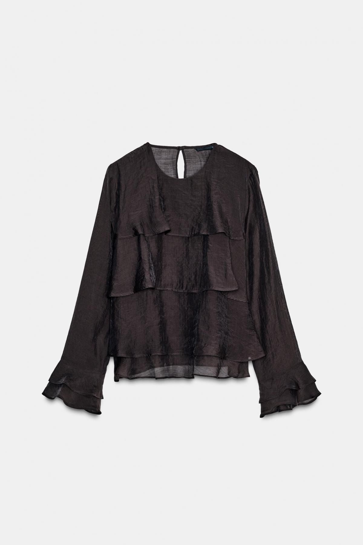 자라 러플 블랙 쉬폰 라운드넥 블라우스 3666/178 DARK BROWN - 상품 이미지