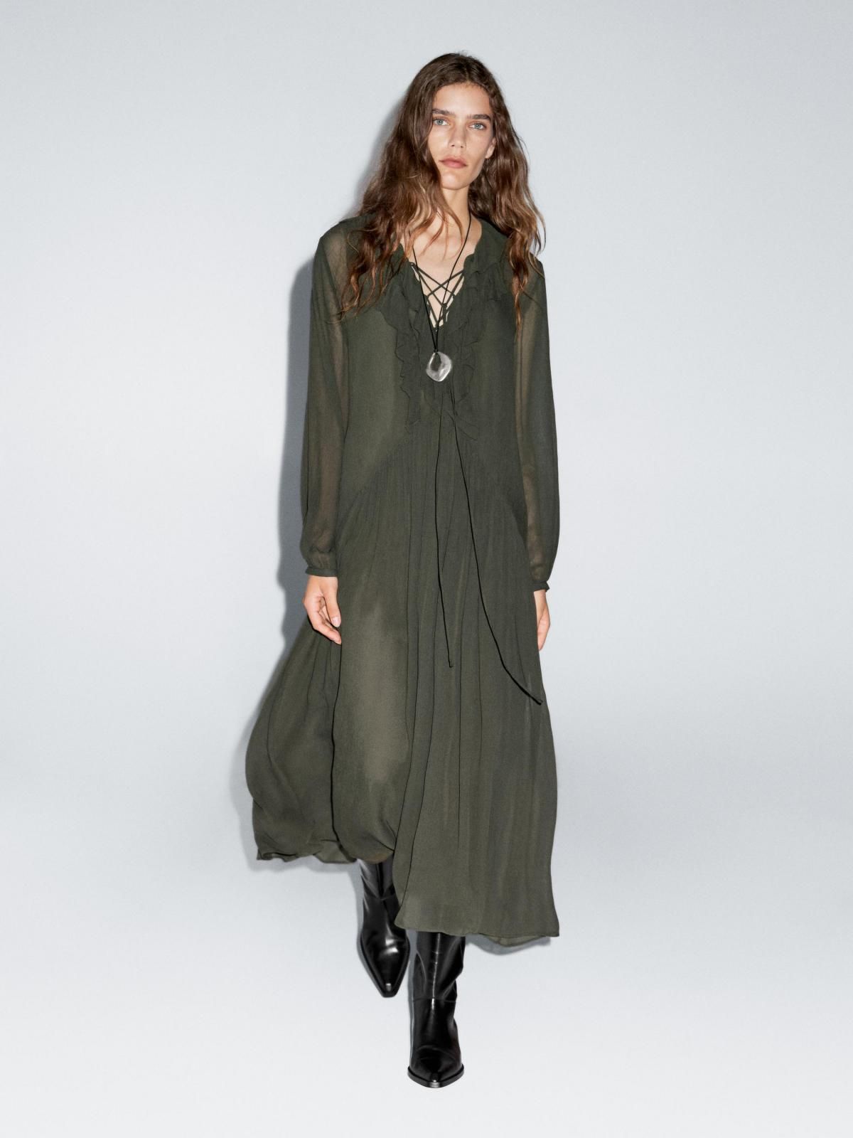 마시모두띠 러플 디테일 쉬폰 롱 플루이드 원피스 6640/505 DARK GREEN - 상세 이미지 2