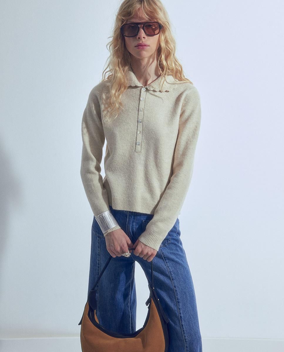 스페라 크로셰 폴로카라 니트 스웨터 58212507626 BEIGE - 상세 이미지 2