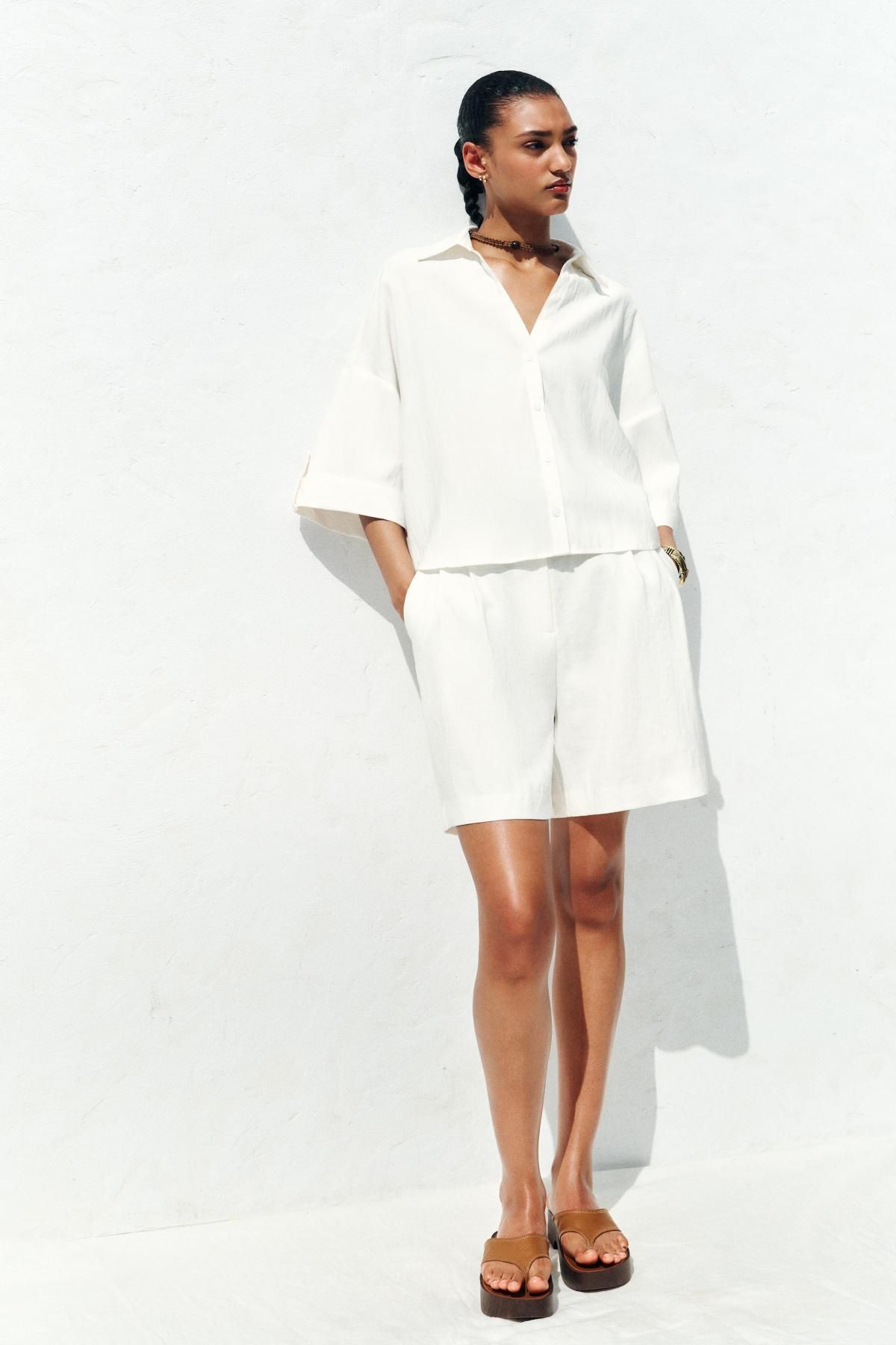 자라 미니멀 와이드 반팔 셔츠 8372/225 OYSTER-WHITE - 상세 이미지 2