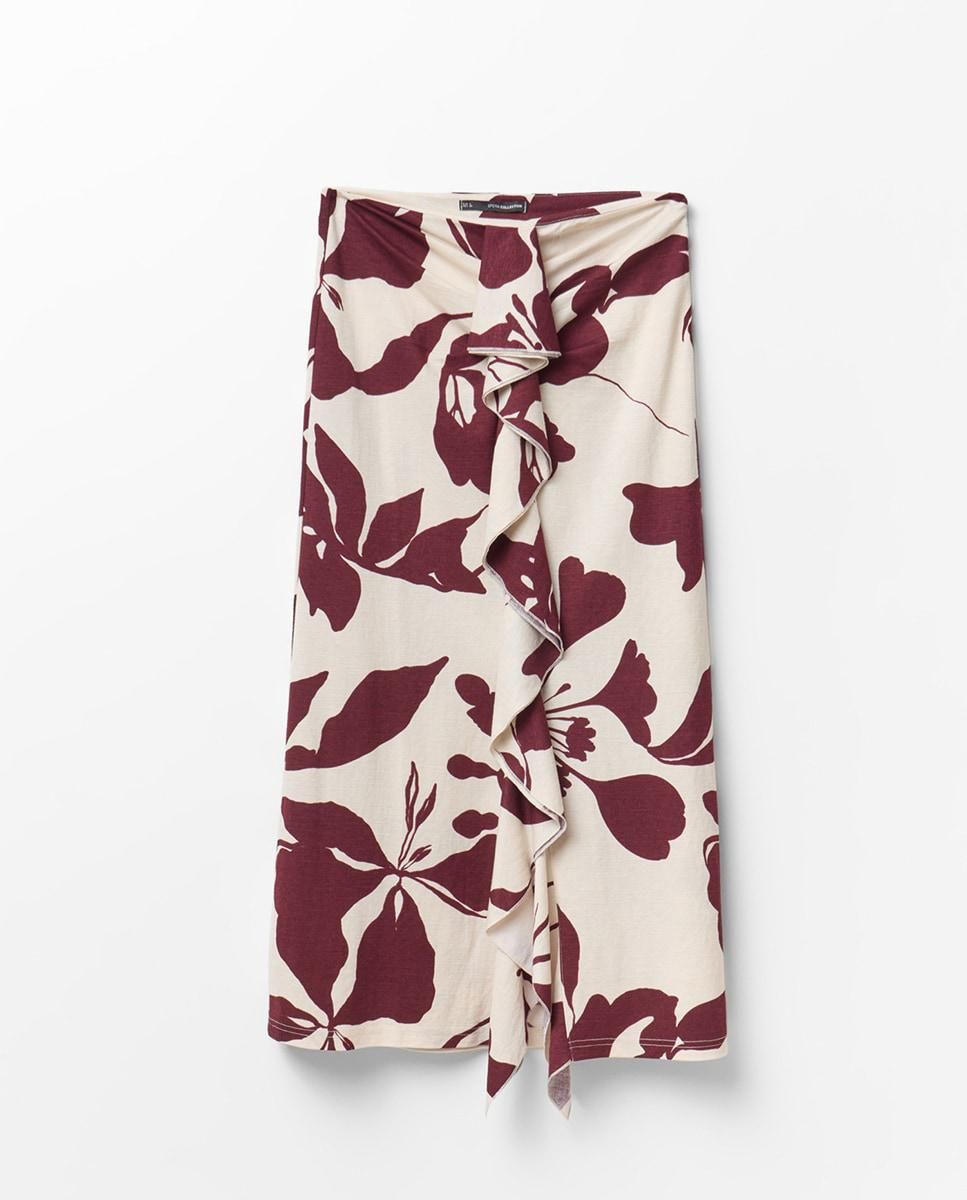 스페라 플로럴 린넨 미디 프릴 스커트 56261802385 BURDEOS