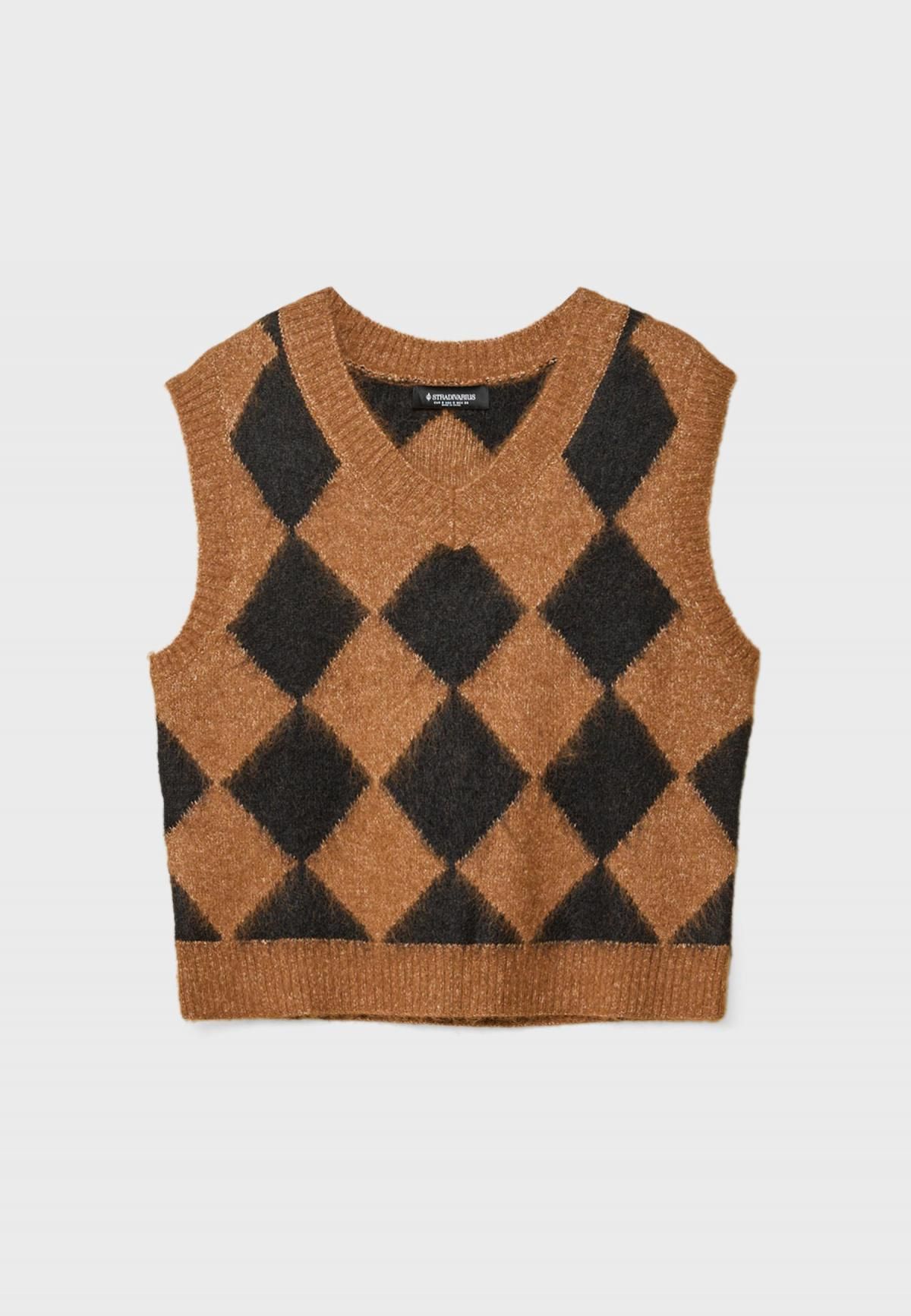 스트라디바리우스 아가일 패턴 브이넥 니트 베스트 5135/421 PALE CAMEL - 상품 이미지