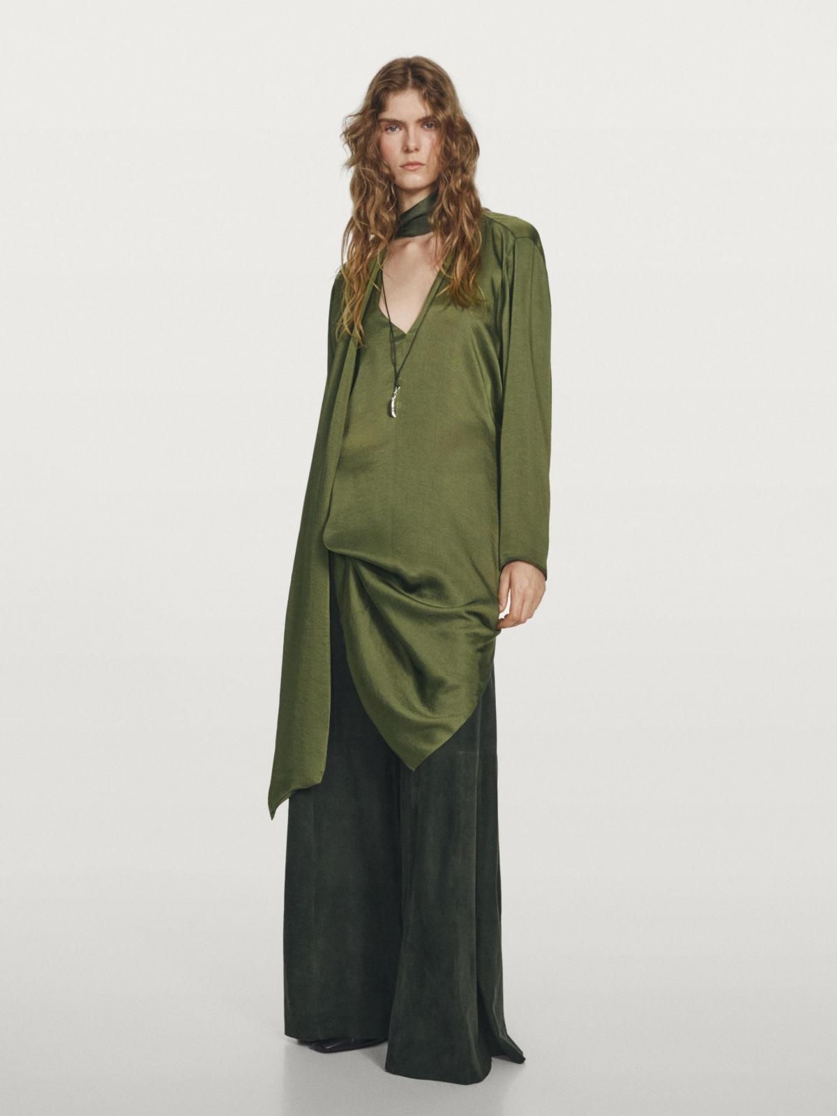 마시모두띠 새틴 롱 브이넥 스카프 블라우스 9307/950 MOSS GREEN - 상세 이미지 5