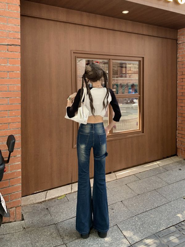 여성 워싱 하이웨스트 부츠컷 와이드 데님 팬츠 스판 슬림핏 벨라인 청바지 캐주얼 데일리룩 빈티지 사계절 - 상세 이미지 3