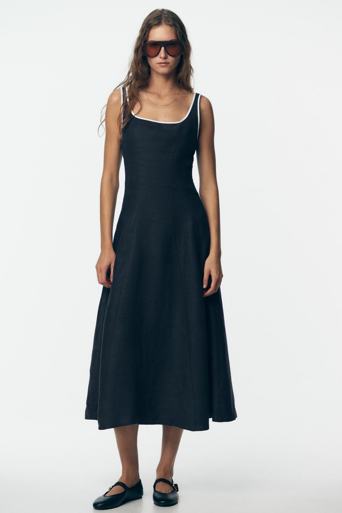 자라 린넨 플레어 라운드넥 스트랩 미디 원피스 8214/386 NAVY BLUE - 상세 이미지 2