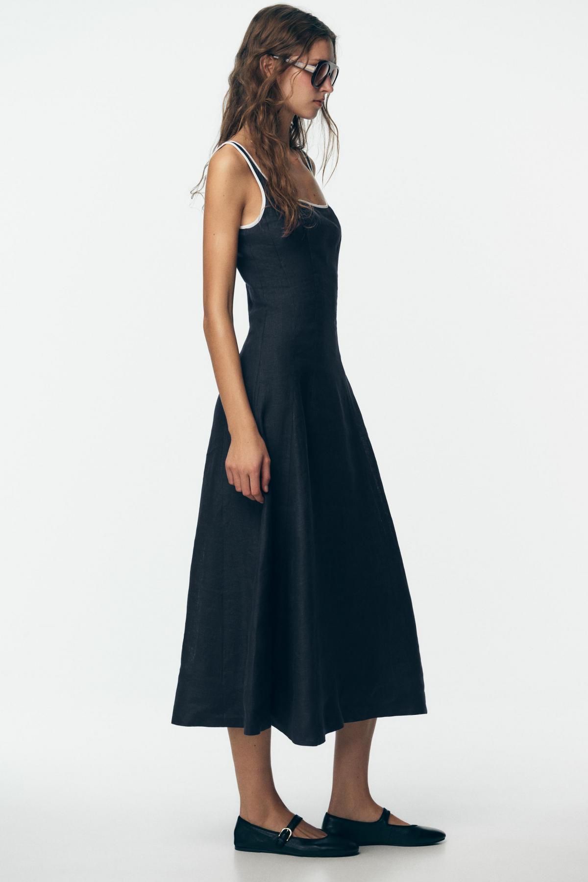자라 린넨 플레어 라운드넥 스트랩 미디 원피스 8214/386 NAVY BLUE - 상세 이미지 5
