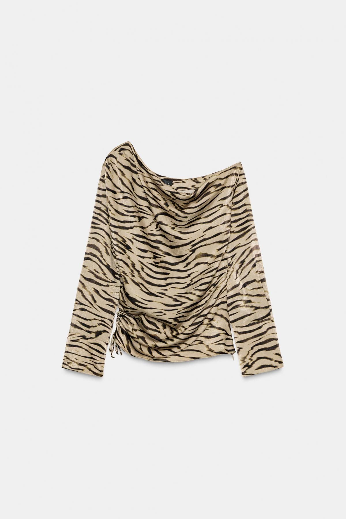 자라 애니멀 프린트 비대칭넥 긴팔 탑 9075/211 LIGHT KHAKI - 메인 이미지
