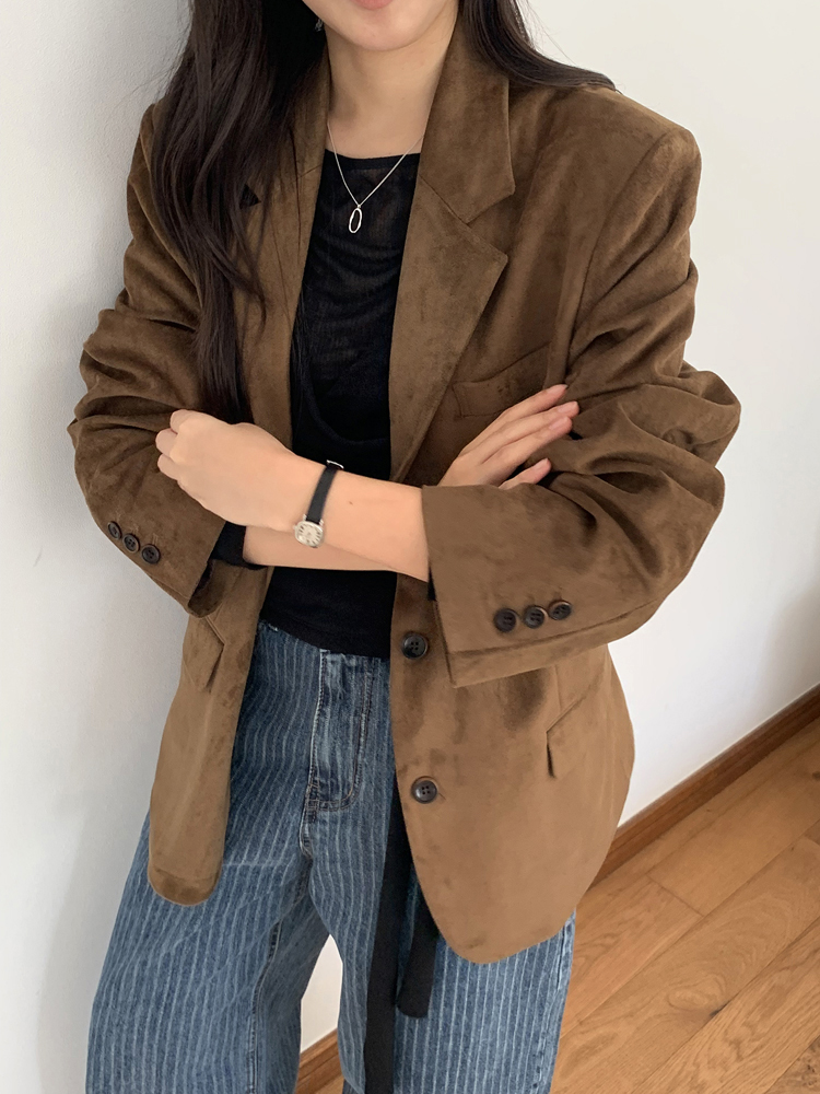 오버핏 싱글 쓰리버튼 스웨이드 자켓 블레이저 하프 레더 재킷 가을 여자 자켓 브라운 베이지 - 상세 이미지 5