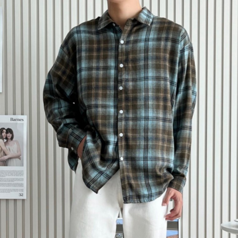 남방 체크 오버핏 긴팔 남성 가을 카라 캐주얼 - 상품 이미지