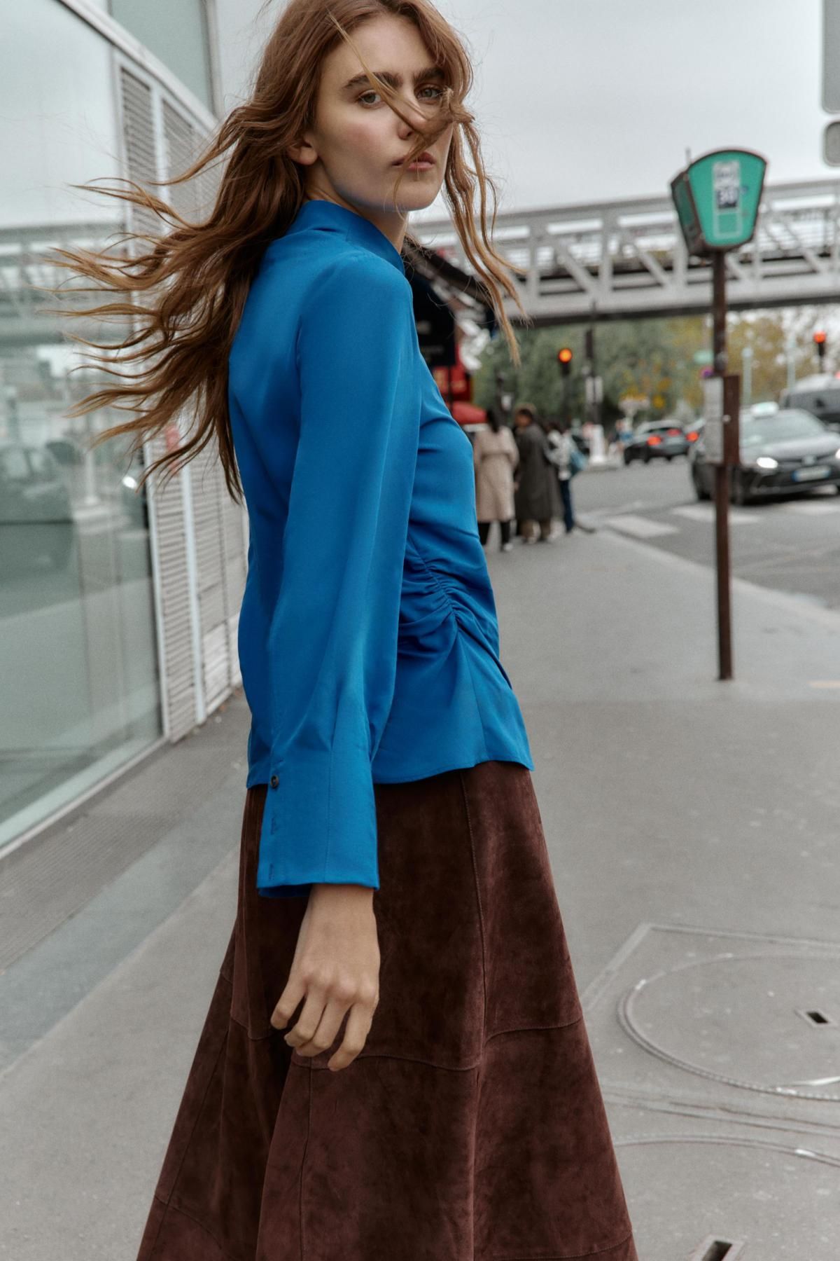 자라 하이넥 사이드 드레이프 블루 블라우스 9324/647 BLUE / GREY - 상세 이미지 4