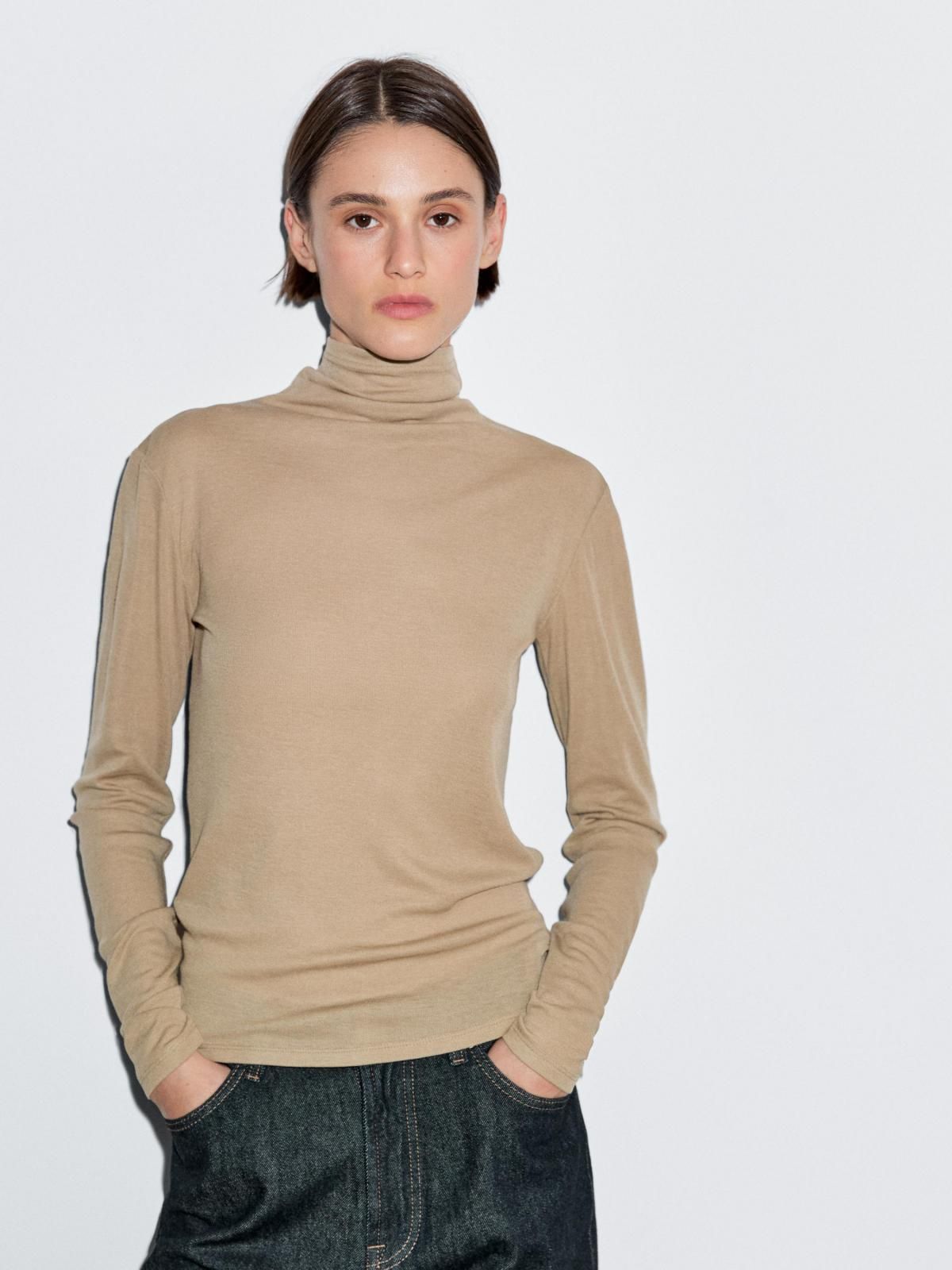 마시모두띠 라이오셀 울 하이넥 슬림핏 긴팔 티셔츠 6277/574 BEIGE MARL - 상세 이미지 4