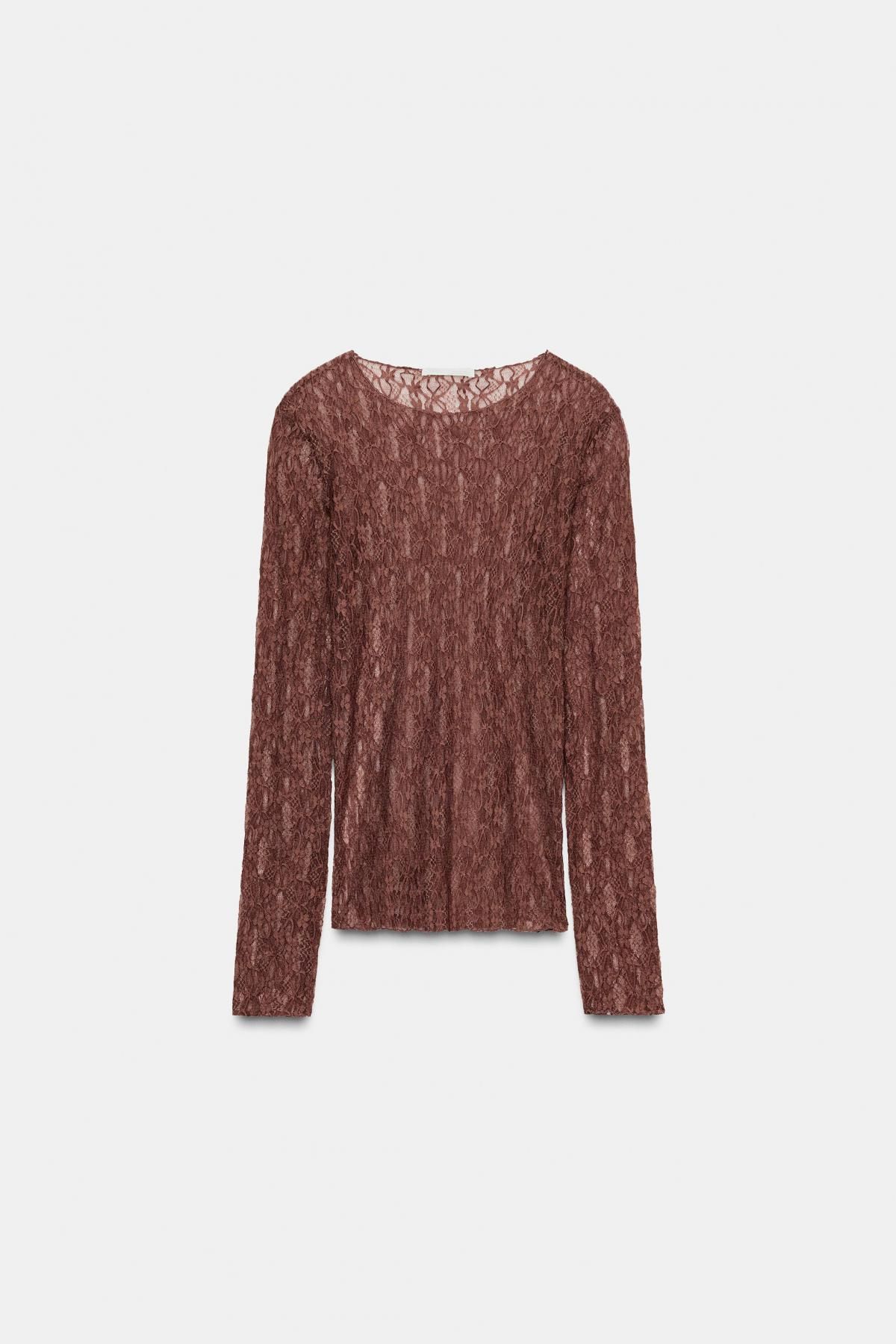 자라 레이스 페미닌 라운드넥 긴팔 탑 3641/874 BROWN MARL - 메인 이미지