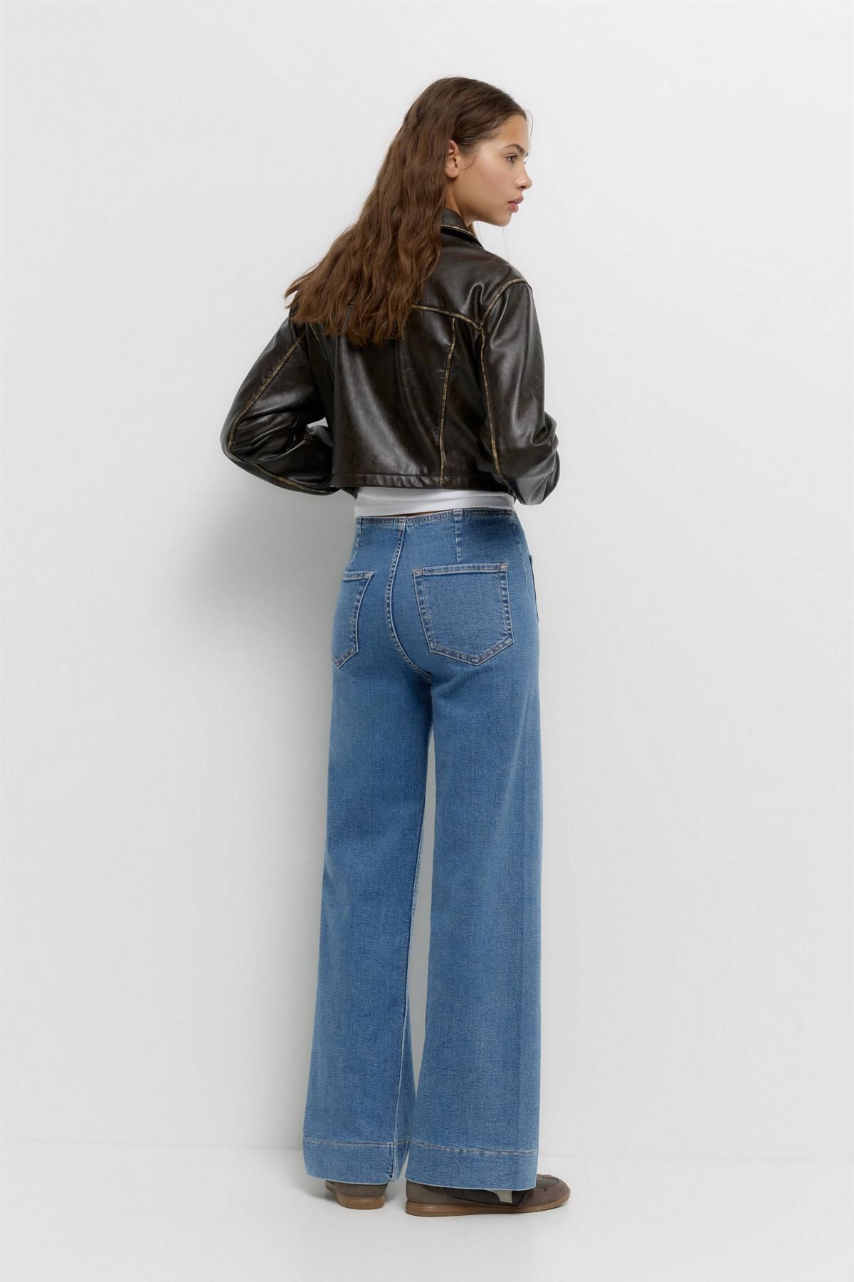 풀앤베어 하이웨이스트 와이드핏 데님 패치포켓 청바지 7687/334 MEDIUM BLUE - 상세 이미지 4