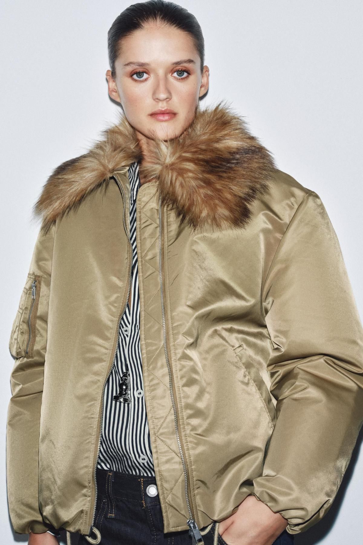 자라 테크니컬 페이크 퍼 카라 봄버 재킷 3918/240 OLIVE GREEN - 상세 이미지 3